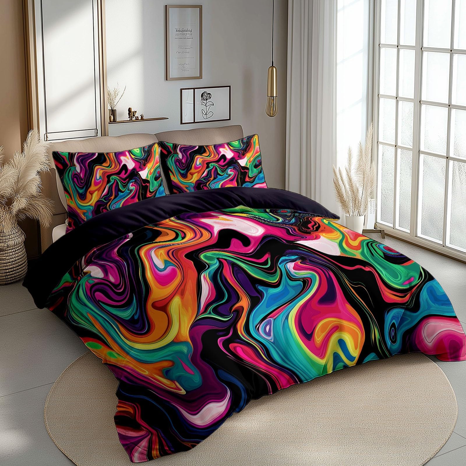 King Duvet Cover Bedding Set Abstract Swirls Colorful Pattern, Summer Reversible Duvet Cover Set with 2 Pillowcases for Double Bed 220x240 cm, Soft Microfiber 3pcs