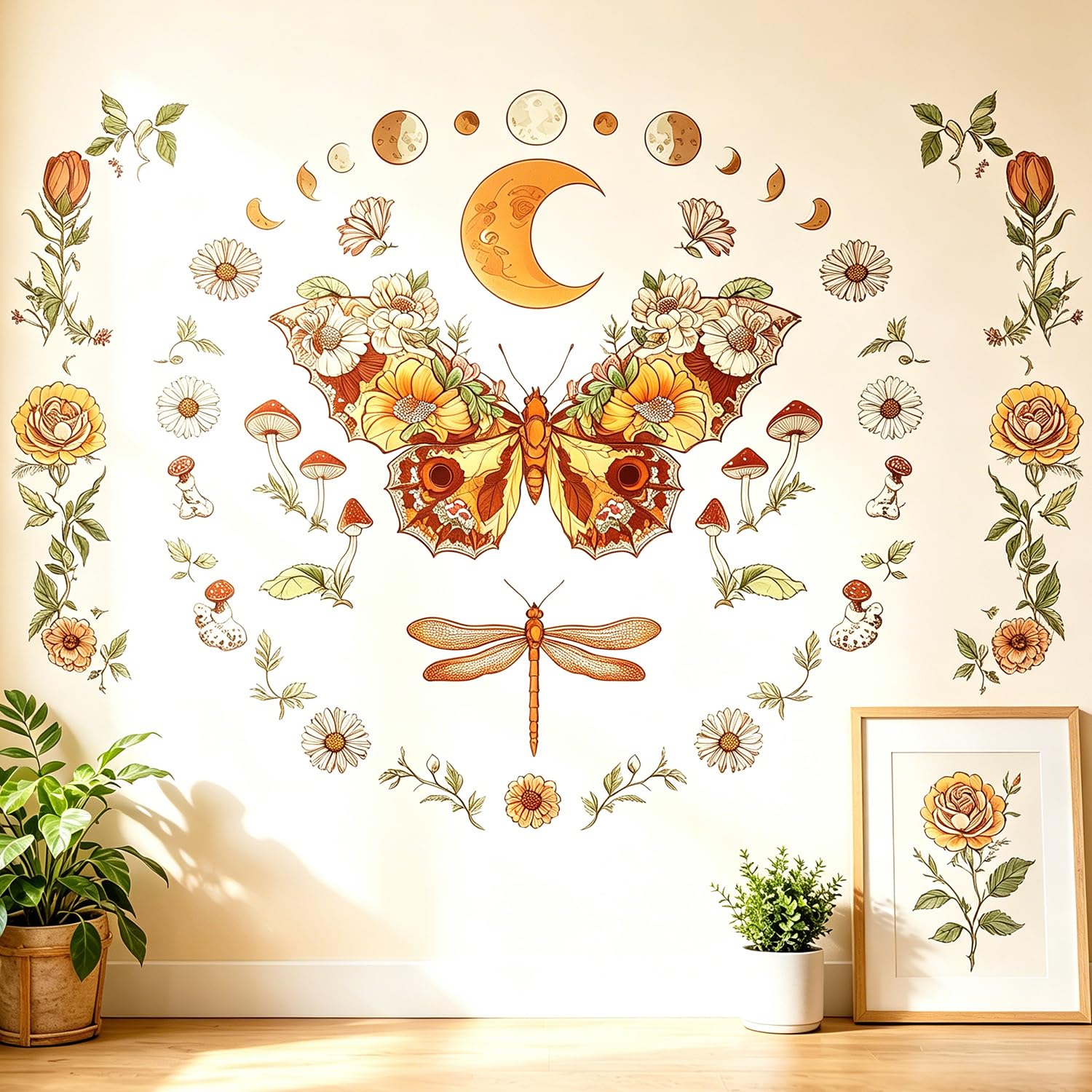 VePret Large Boho Butterfly Wall Decals - Peel and Stick Removable Mandala Style with Flowers, Sun & Moon, Vintage Botanical Wall Art for Bedroom, Nursery, Living Room, Dorm & Office