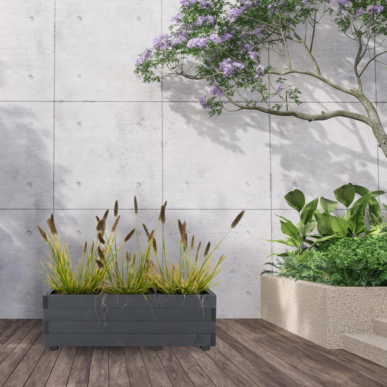Blumentopf Holz - Pflanzkübel Übertopf Blumenkasten - mit DREI Kunststoffeinsätzen Herausnehmbar - 91 x 33 x 32 cm - Grau 91KAN3332AN