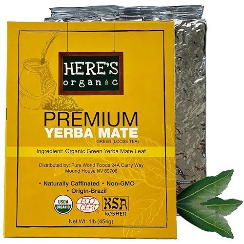 Heres Organic Yerba Mate Premium verde 1 libra 1601oz hoja suelta pura de Brasil