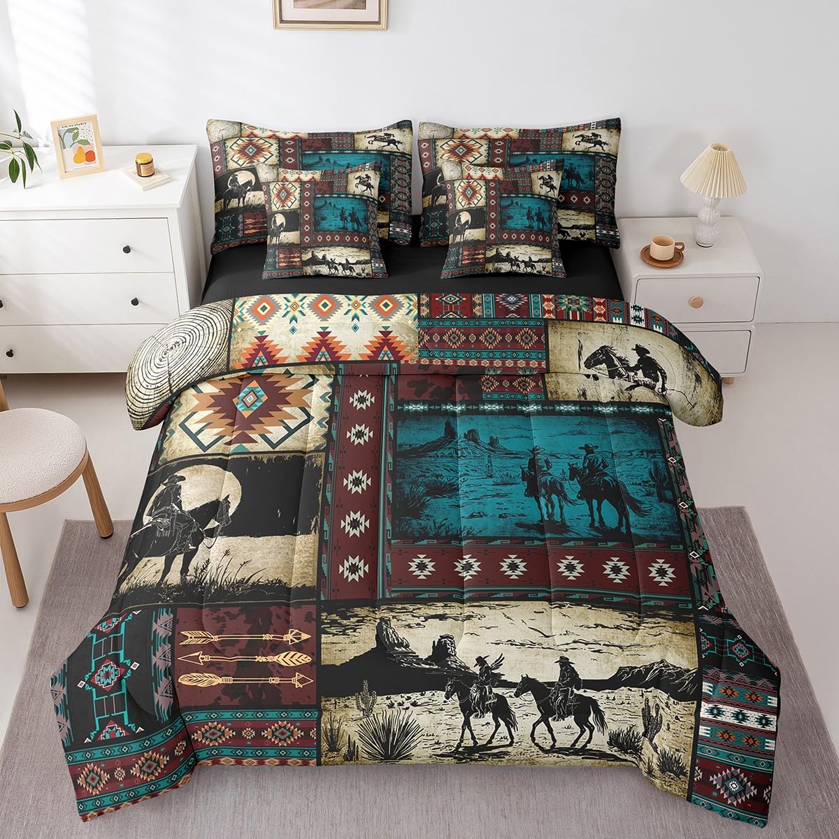 Feelyou Kids Western Cowboy Comforter Set 7 Pieces Full Size Wild West Rustic Southwestern Bedding Set Exotic Plaid Geometric Bed in a Bag,Comforter +