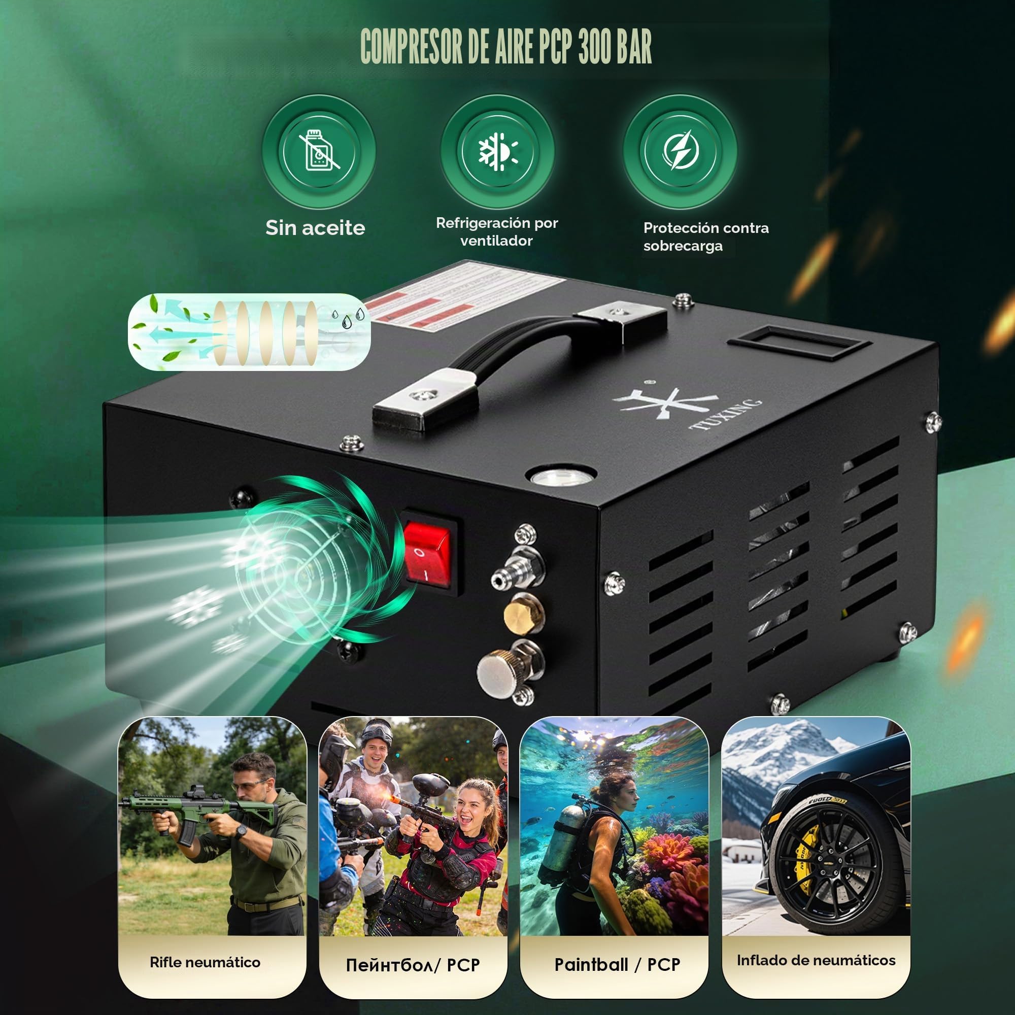 Compresor de aire TUXING Pcp, 4500 Psi 30 Mpa, sin aceite/agua, alimentado por coche 12 V CC o hogar 110 V CA con adaptador (incluido), bomba para rifles de aire PCP y pistolas de aire (TXES061)