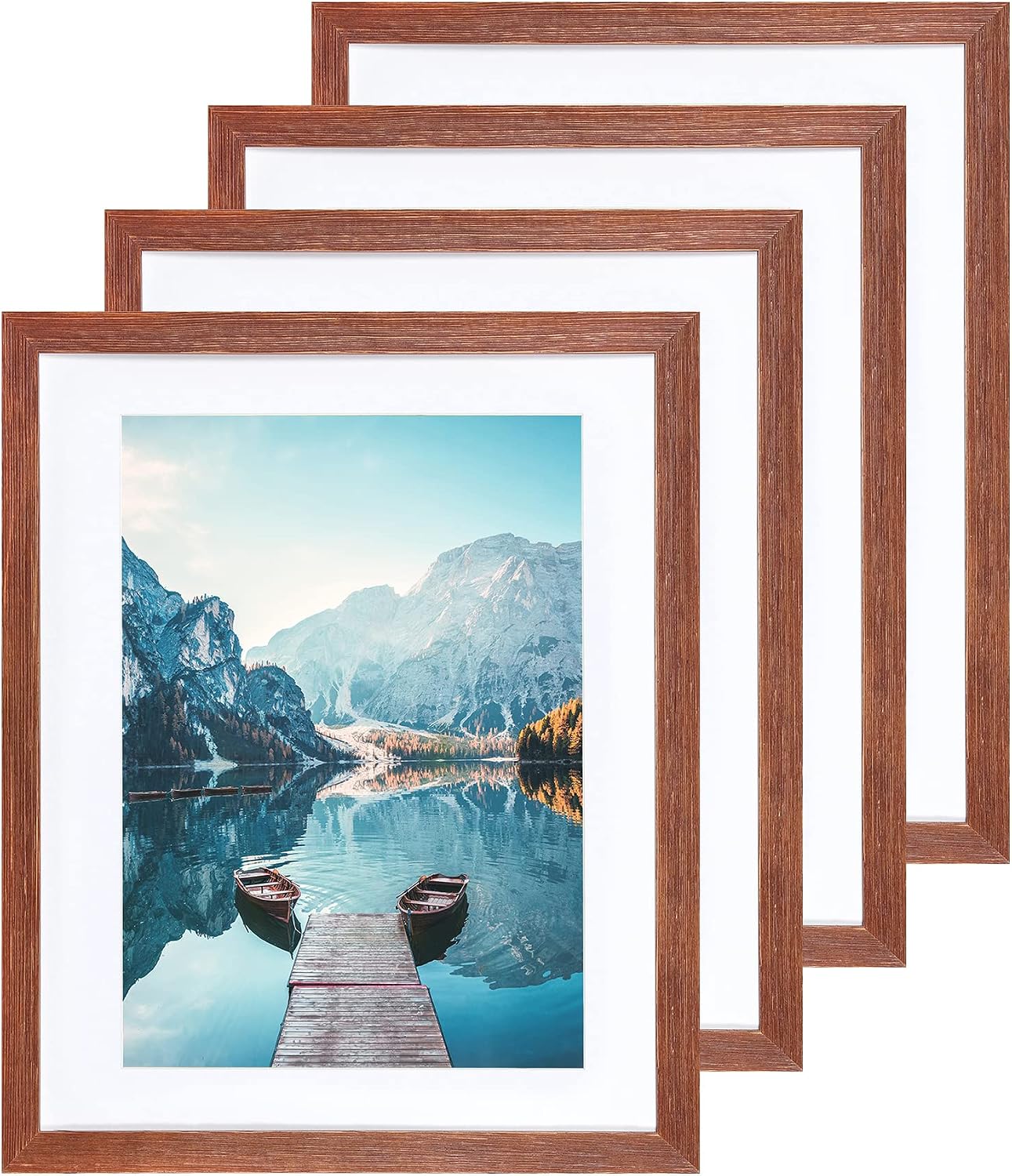BOJIN 11x14 Picture Frame Distressed Rustic Walnut Set of 4,Display Pictures for A4 with Mat or 11x14 without Mat Solid Wood Photo Frame for Wall Hanging Home Decoration