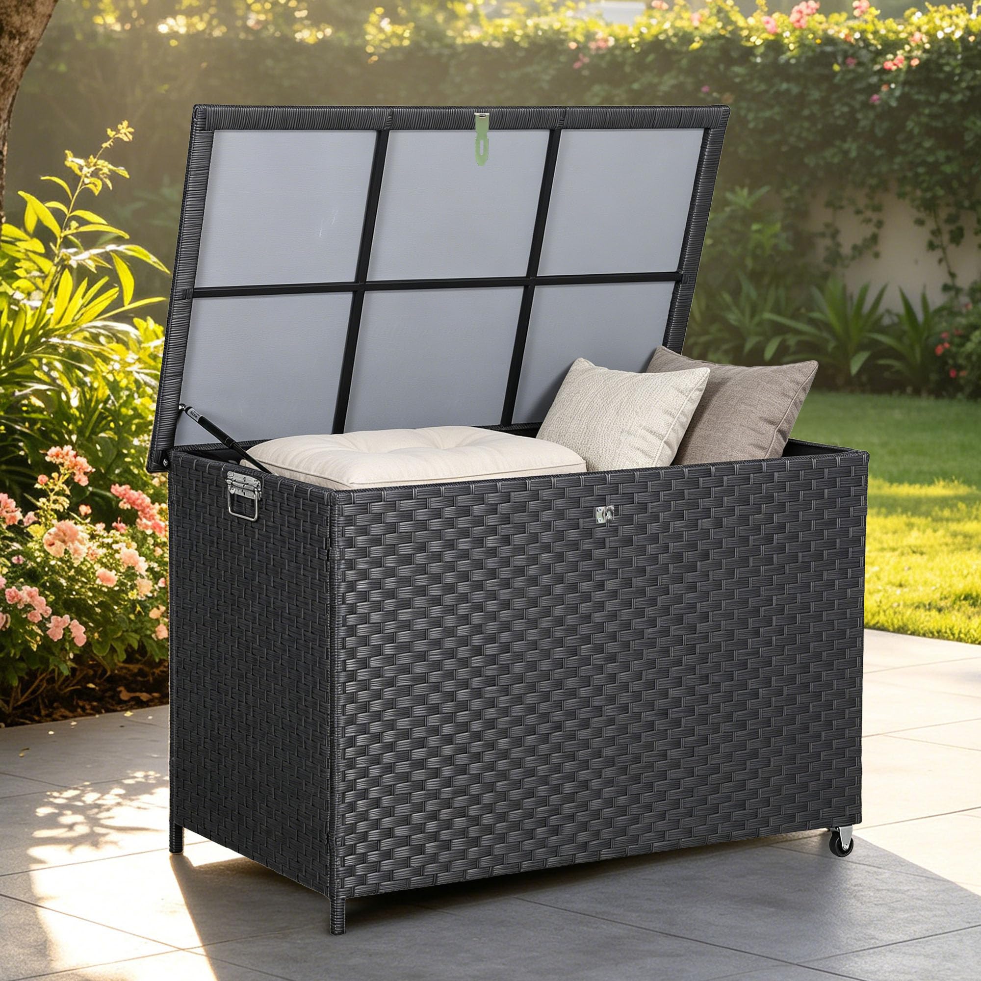 Spring Garden Furniture Large Garden Storage Box 480L–Waterproof Garden Storage Box with Lockable Latch&Gas Lift Lid Premium Rattan Outdoor Cushion Storage Box for Patio Furniture (Black, 117*68*72CM)