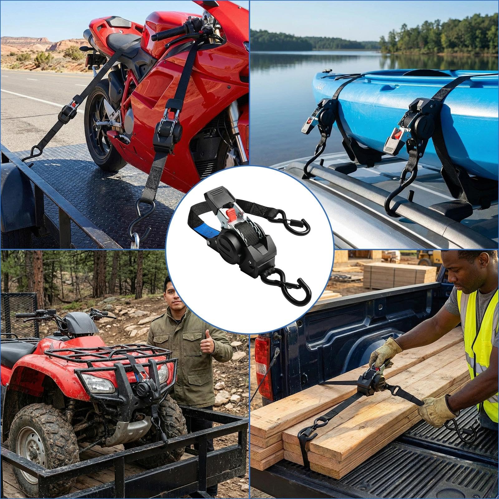 4 Stück Automatik Spanngurt 3m 25mm mit S Haken,Spanngurte Selbstaufrollend | 350kg/700kg, Einziehbare Spanngurte mit Ratsche für Motorrad, Kajak, Nutzfahrzeug, Lieferwagen und LKW