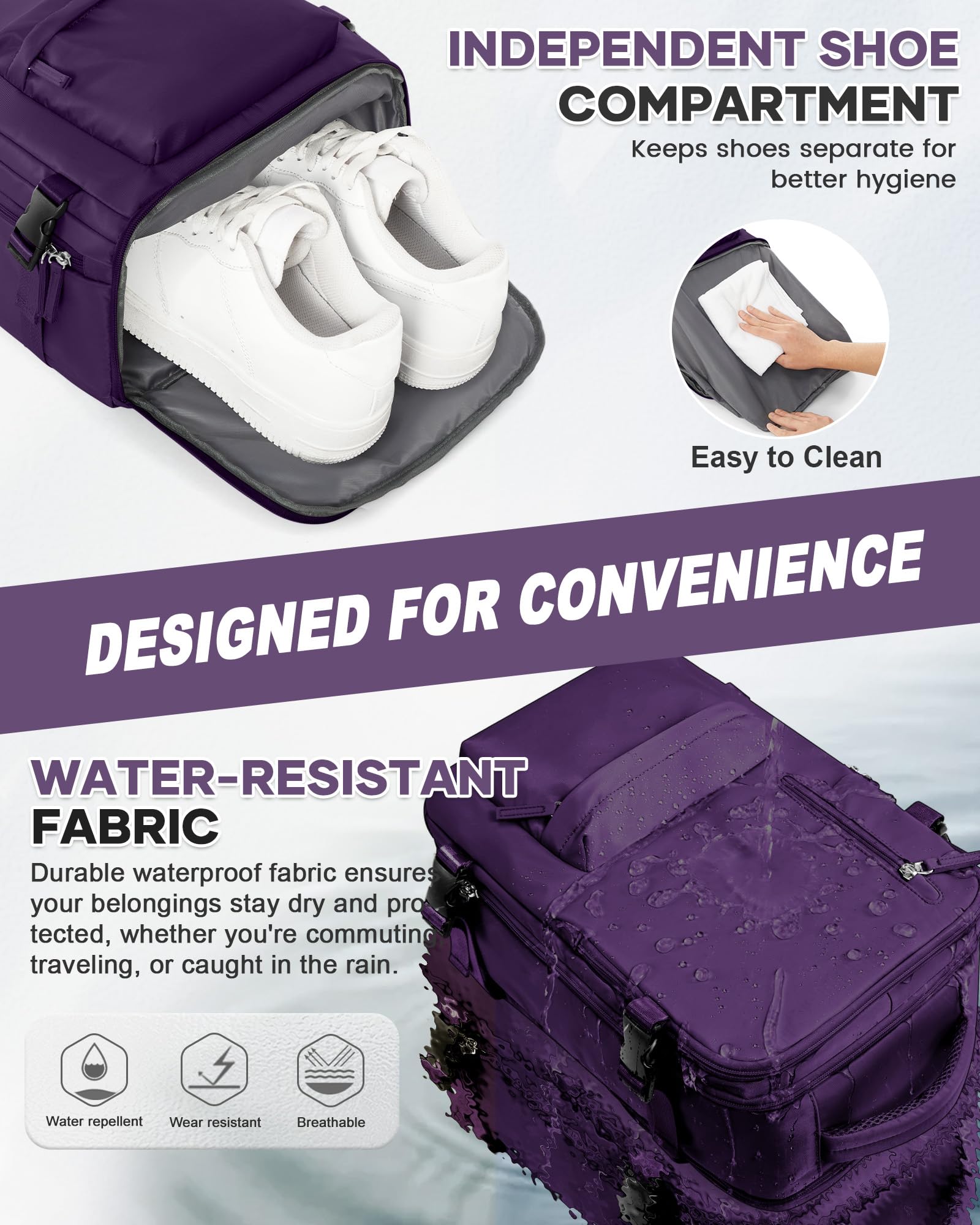 WONHOX Large Travel Backpack Women,Carry On Laptop Backpack Flight Approved,Mochila De Viaje Men Hiking Waterproof Rucksack Casual Daypack with Shoes Compartment,Personal Item Travel Bag Dark Purple