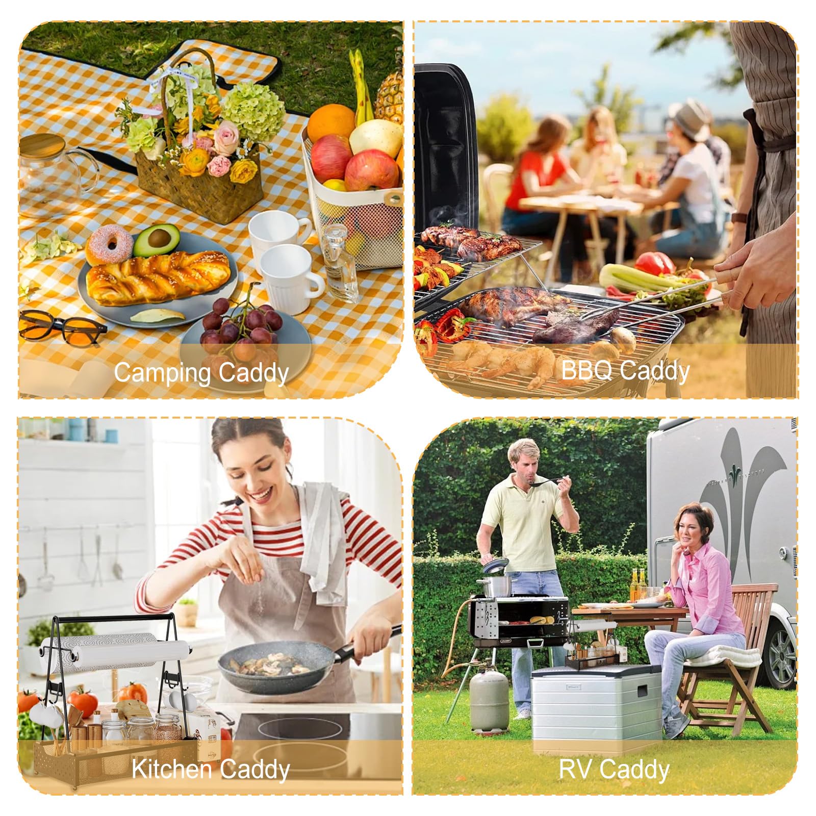 Grill Caddy, contenitore per utensili da barbecue, con porta asciugamani di carta e 4 ganci, in metallo, accessori da campeggio, organizer per cucina all'aperto