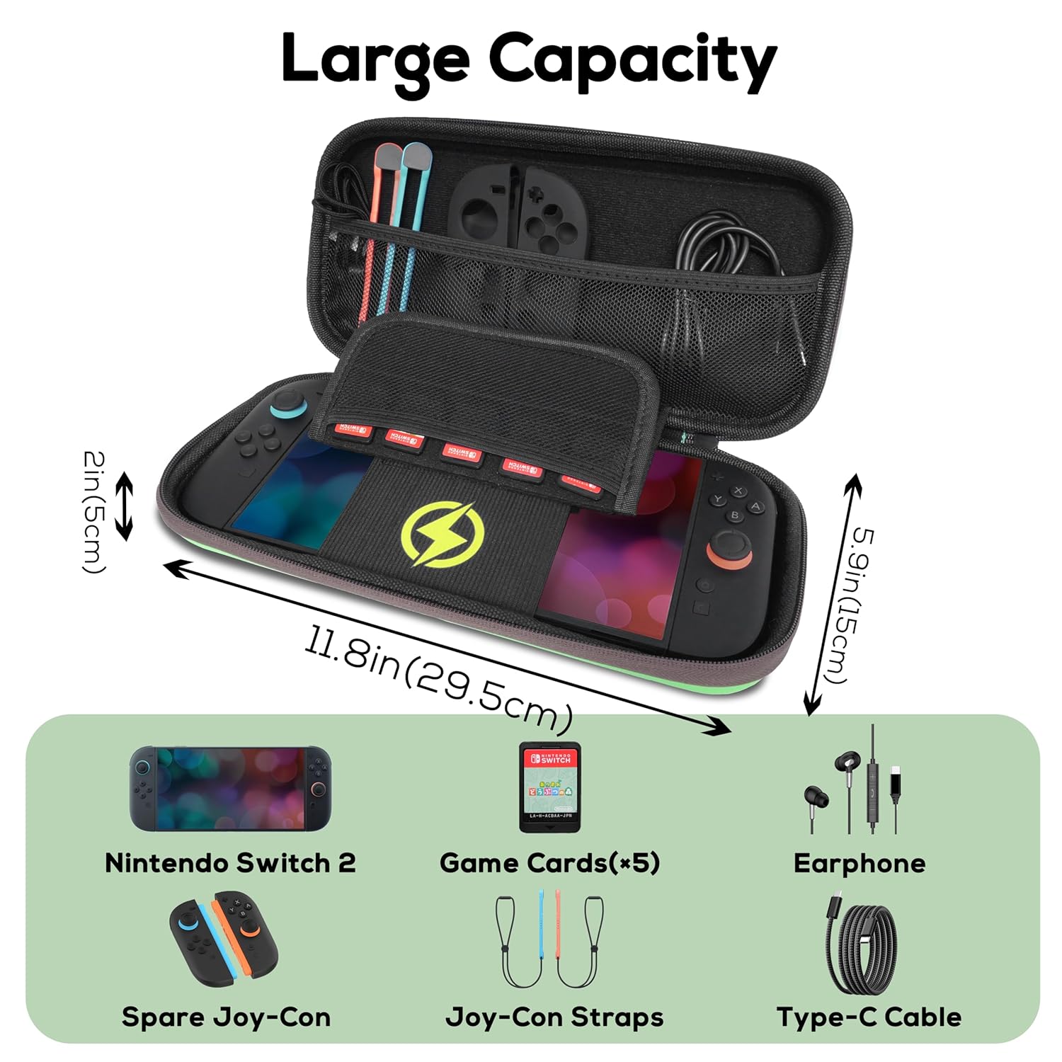 TIKOdirect Carrying Case for Nintendo Switch 2(2025), Cute Portable Travel Bag with 5 Game Card Slots Inner Storage Bag for Nintendo Switch 2 Console Joy-Con & Accessories, Green - Image 2