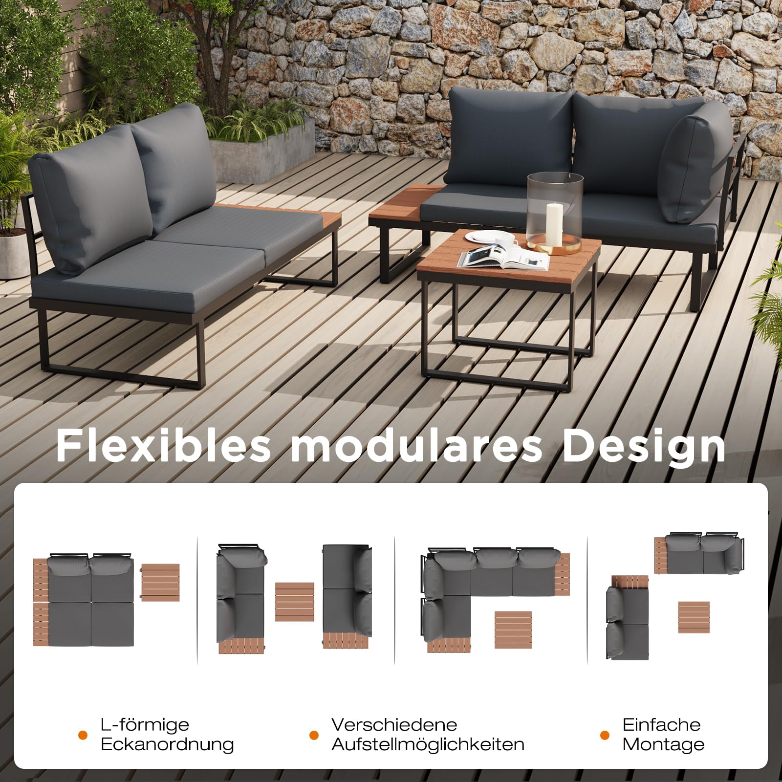 Gartenlounge Set 4 Personen, Loungemöbel Outdoor mit Tisch & Abdeckung, Gartensofa Sitzgruppe Wetterfest, Balkonmöbel für Garten & Terrasse
