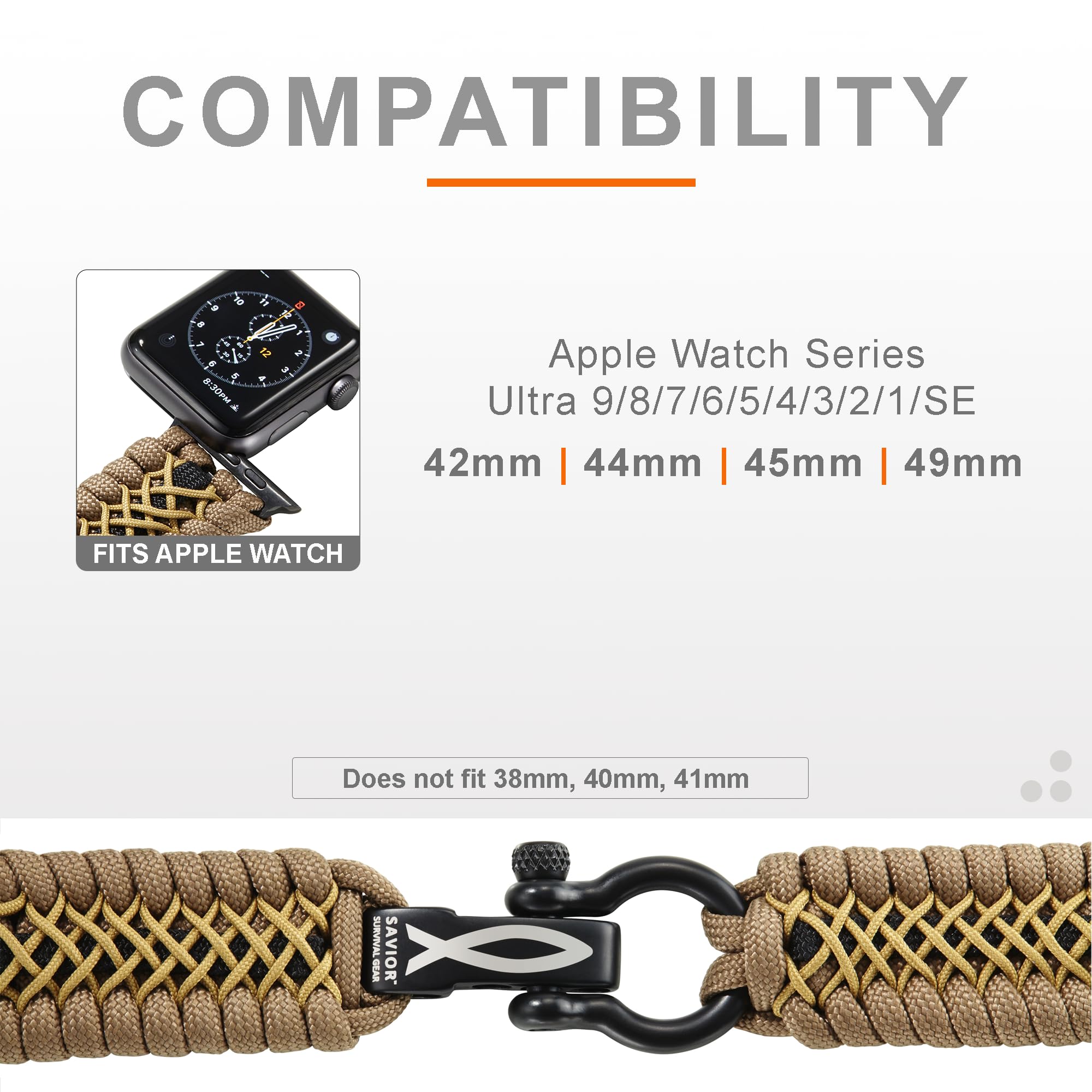 Savior Survival Gear Ersatzarmband für Apple Watch, 42 mm, aus 550 Paracord mit verstellbarem Edelstahlbügel