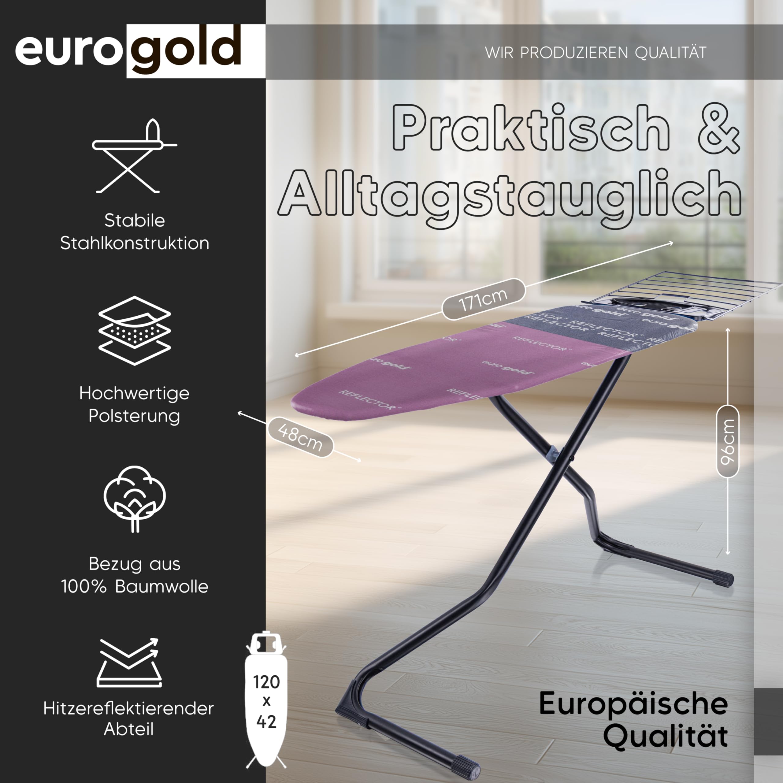 EUROGOLD Bügeltisch 120x42 cm – Großes Bügelbrett höhenverstellbar mit Reflektor-Bezug für effizientes Bügeln, TÜV-Zertifiziert, Made in Europe, Ironing Board (Paris Pink)