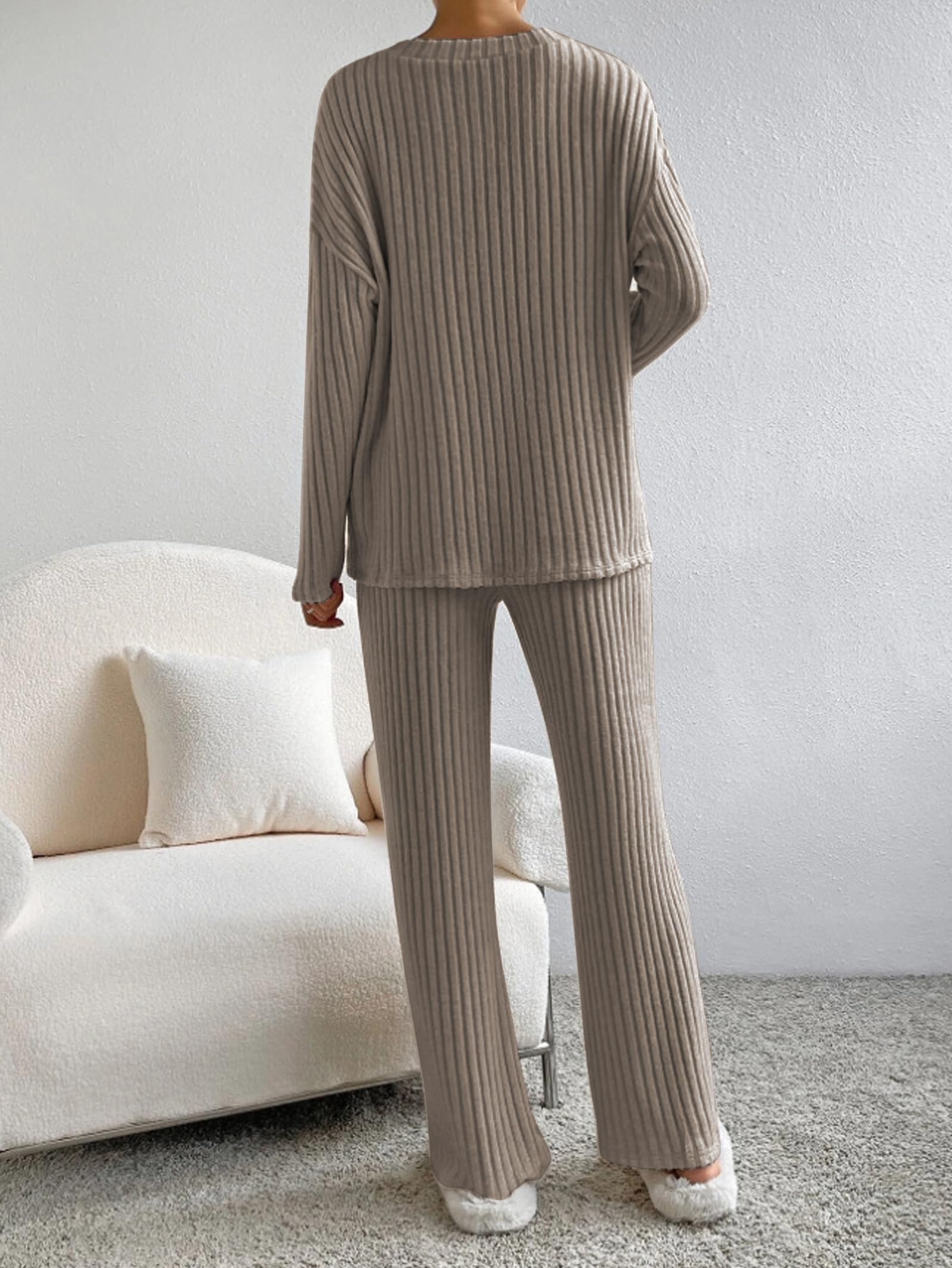 Famulily Ensemble de pyjama 2 pièces côtelé pour femme - Tenue de détente - Vêtements d'intérieur - Col en V - Manches longues - Pantalon large avec poches