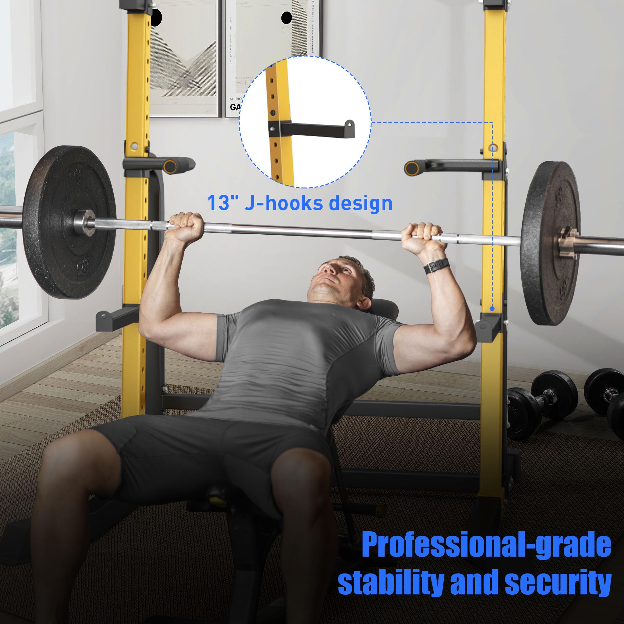 BestHFit Power Cage Squat Rack – Heavy Duty 1000LB Capacity Home Gym System with Adjustable Pull-Up Bar, Safety Spotter Arms & J-Hooks for Weight Lifting, Bench Press, Crossfit – Yellow??