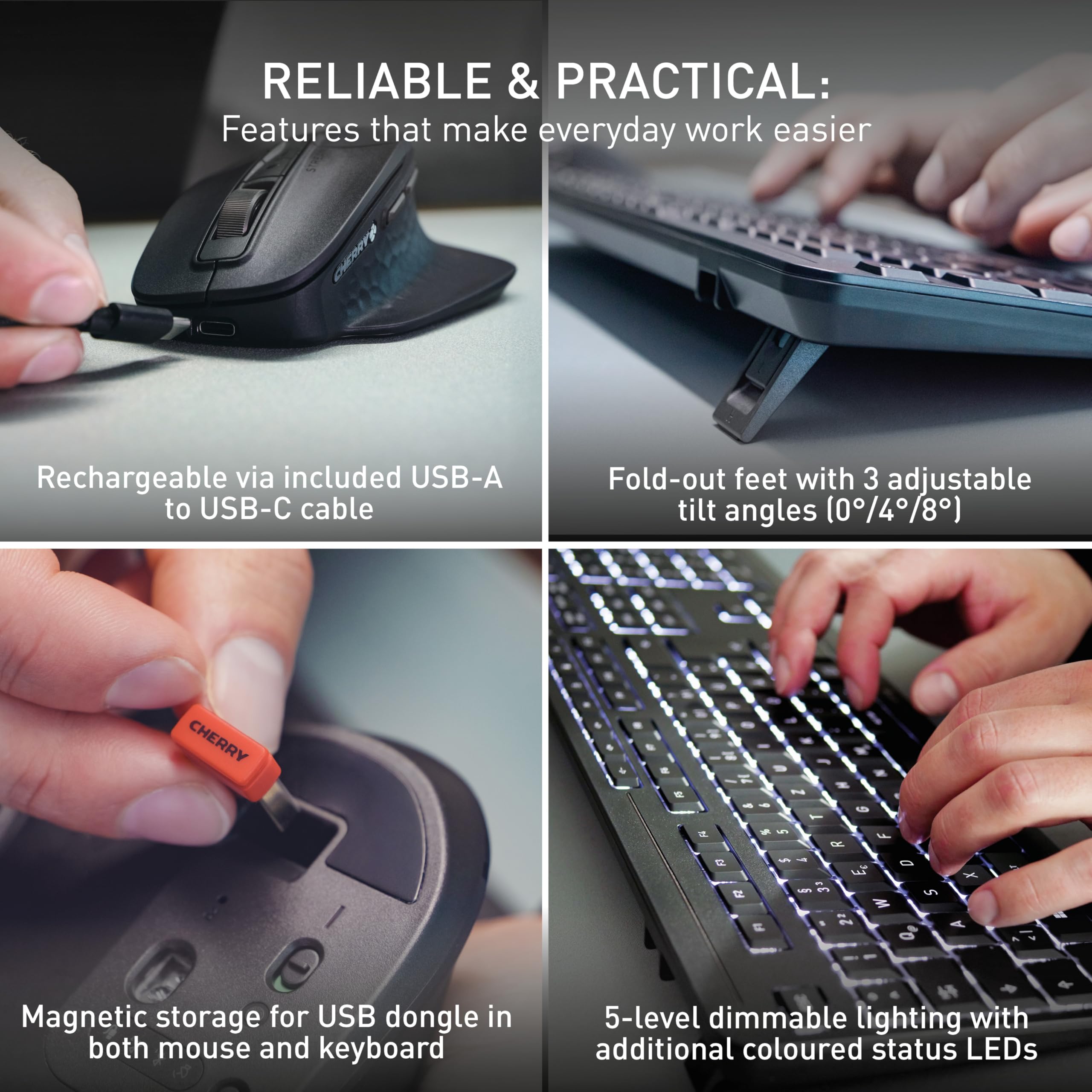 CHERRY STREAM DESKTOP ULTIMATE, Bezprzewodowy Zestaw Klawiatura-Mysz Do Wielu Urządzeń, Układ US (QWERTY), Z Ergonomiczną Myszą, Akumulatorowy, Czarny