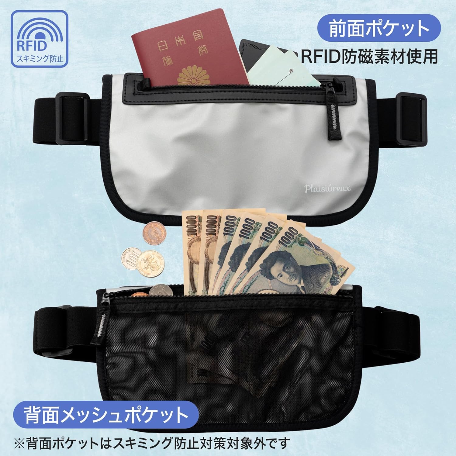 【整理収納アドバイザー監修×日経トレンディに掲載】セキュリティポーチ パスポートケース スキミング防止 ウエストポーチ ウエストバッグ 旅行用ポーチ 財布 防水 海外旅行 便利グッズ (ブラック)