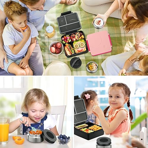 Miniatura 7 de Lonchera Bento para niños con termo de sopa de 8 onzas, recipientes de almuerzo a prueba de fugas con 4 compartimentos, tarro térmico para alimentos