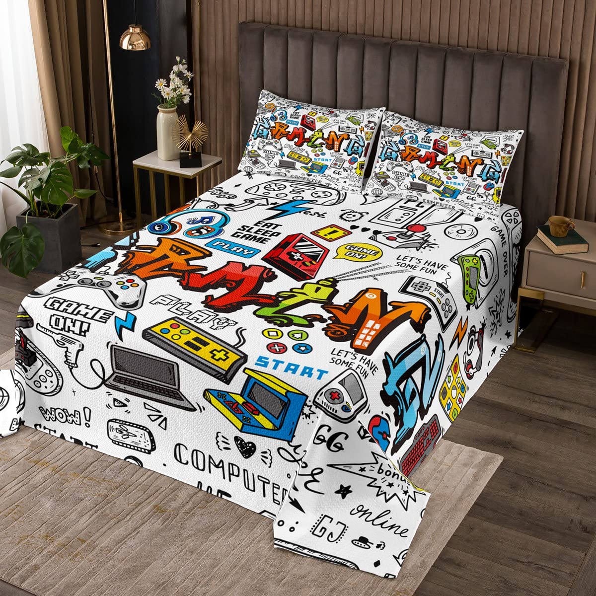 Loussiesd Juego de colcha acolchada para cama individual, multicolor, gamepad de grafiti, colcha acolchada para niños, adolescentes, controlador de juego moderno