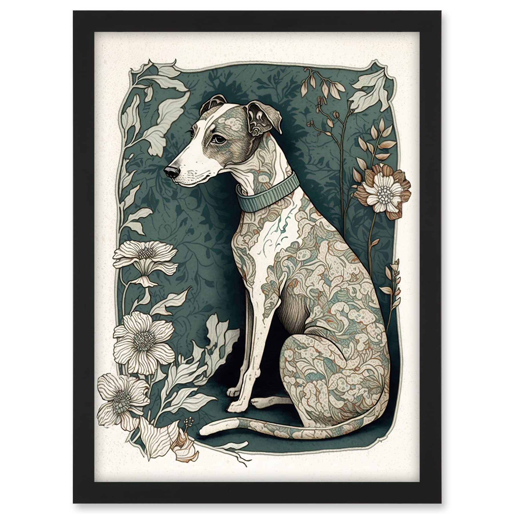 Artery8 Whippet Dog with Floral Pattern Fur Coat Art Nouveau Inspired Watercolour Illustration Artwork Framed A3 Wall Art Print