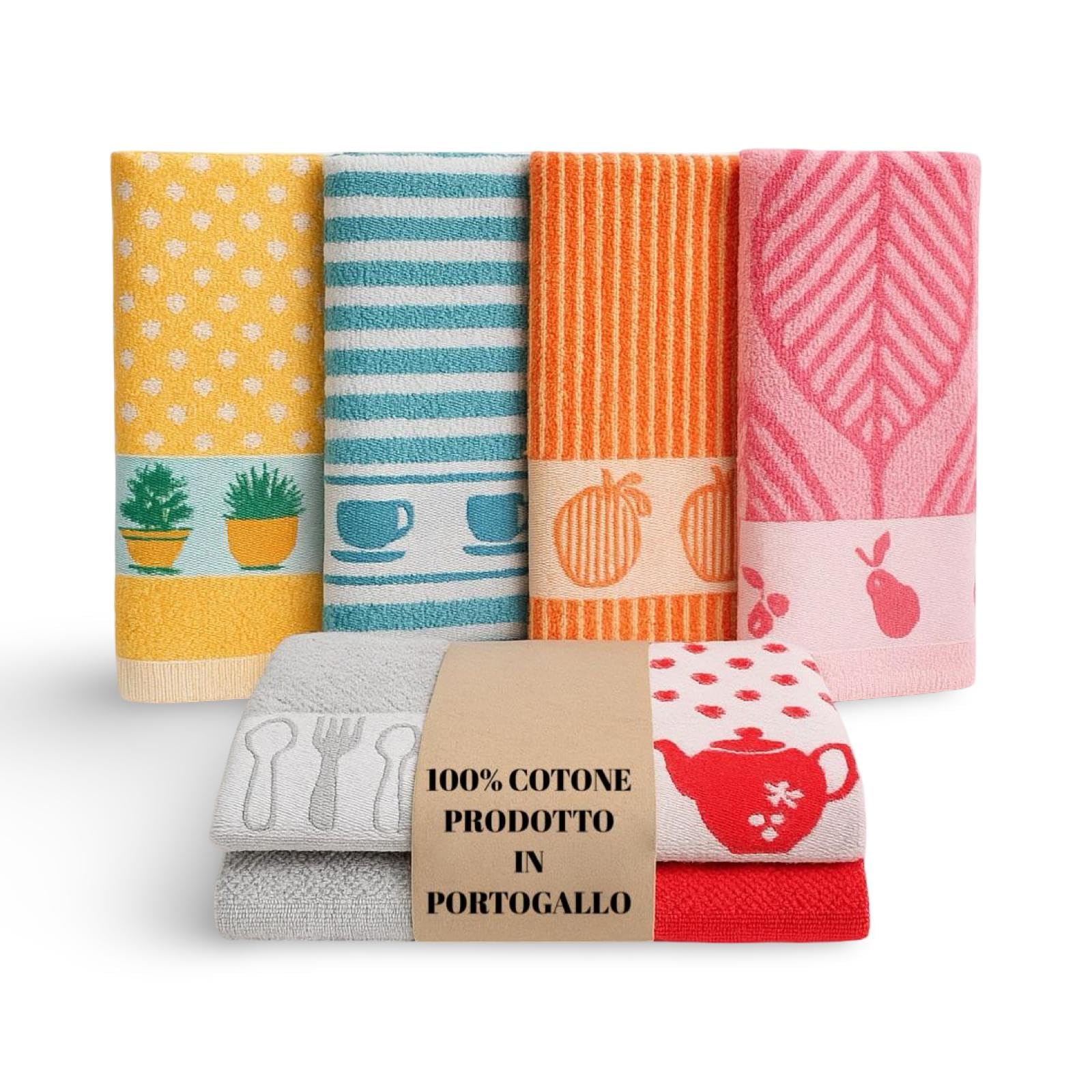 Set 6 Pezzi Strofinacci Cucina Cotone 100% Made in Portogallo - Canovacci Cucina Cotone Assorbenti e Lavabili in Lavatrice, Stracci Cucina Multiuso Resistenti e Colorati