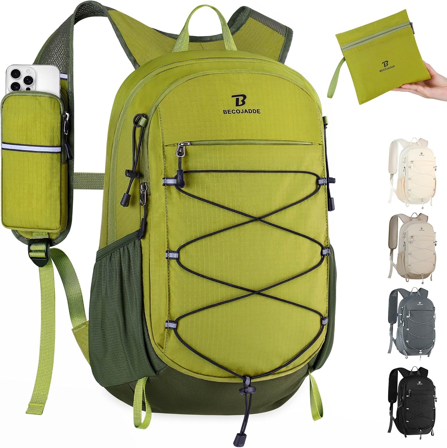 BECOJADDE Hiking Backpack 15L Small Backpack Packable Day pack Water Resistant Lightweight Travel Backpack for Women Men with Shoulder Strap Pockets for Hiking Camping Outdoor, Green