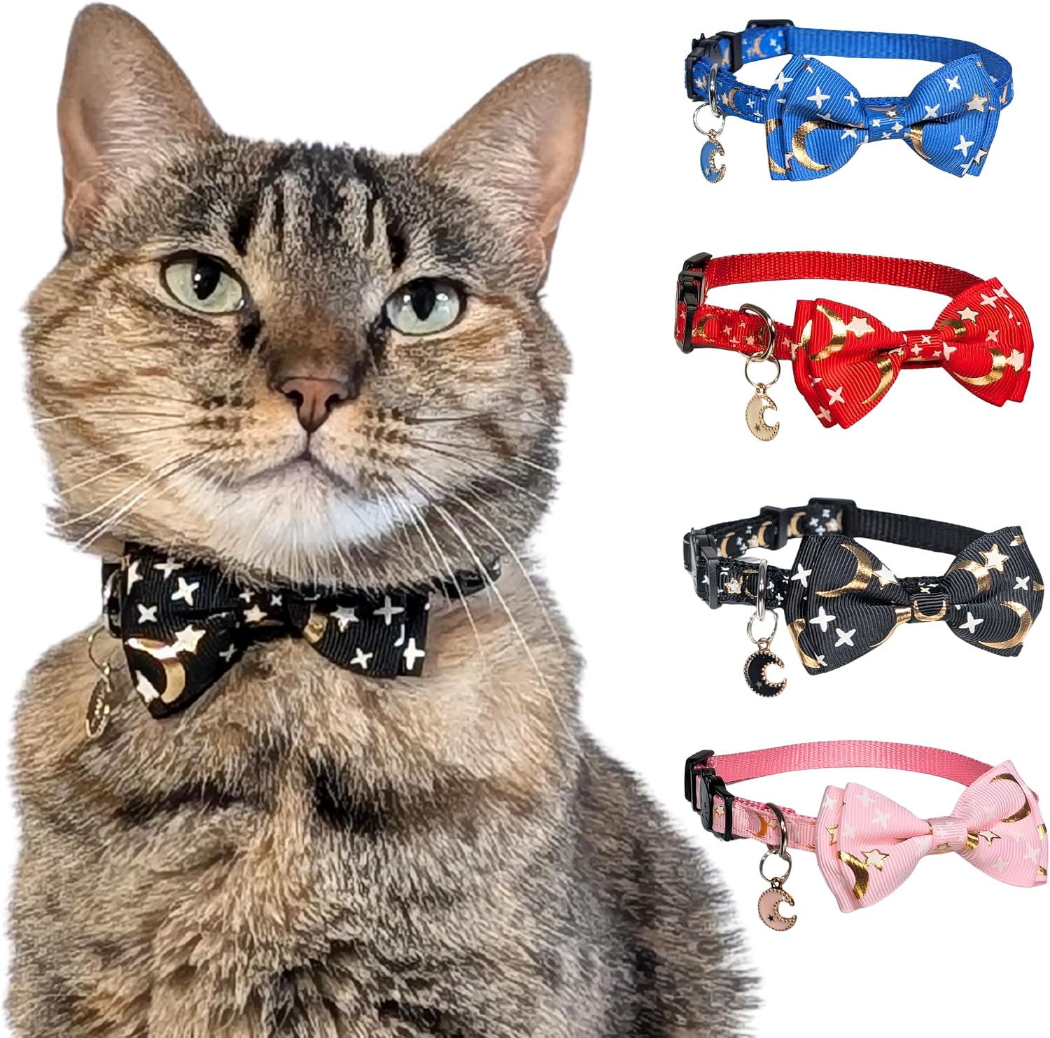 Celestial Kitten Collar with Moon Charm – Adjustable Breakaway Safety Collar for Small Cats (4.7–8”) (Black)