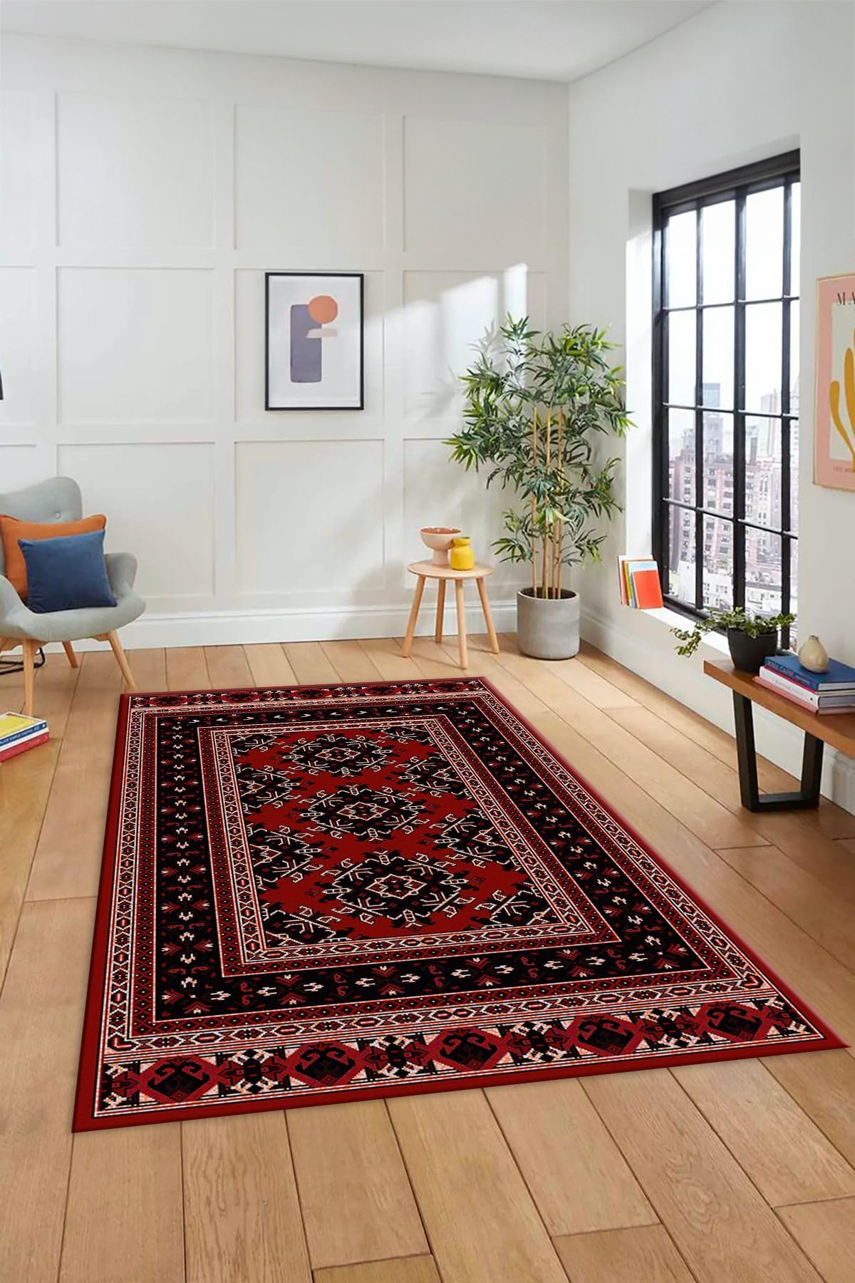 Evdeya Dijital Baskılı Kaymaz Taban Yıkanabilir Şık Etnik Desen Yolluk Mutfak Salon Halısı ETNİK-04, Kırmızı, 40 x 60