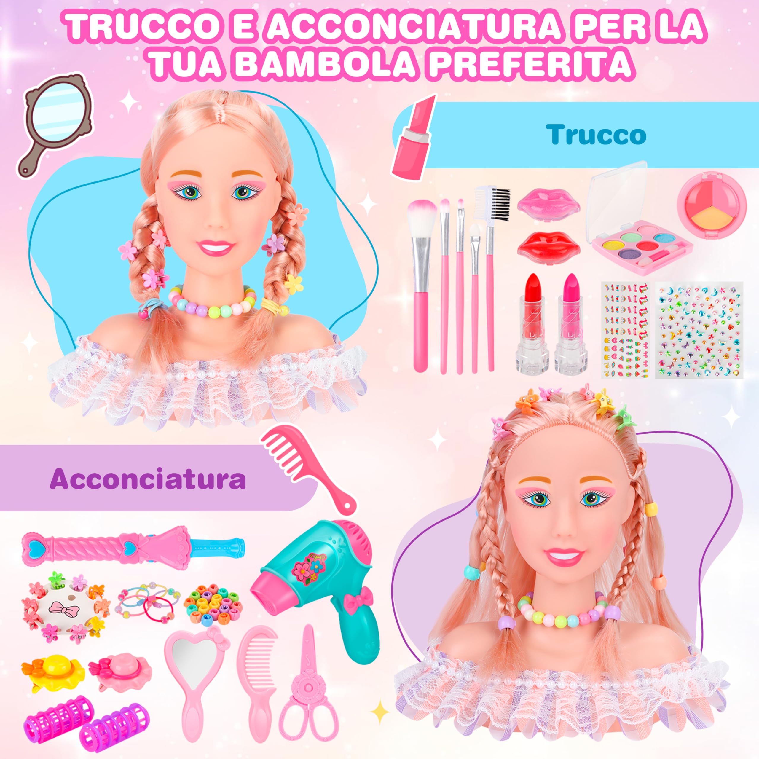 MOMOSTAR Testa Bambola da Truccare e Pettinare, 58 Pezzi Bambola Parrucchiere per Bambini, Testa da Pettinare Bambina con Accessori, Regalo Natale Compleanno 3 4 5 6 Anni