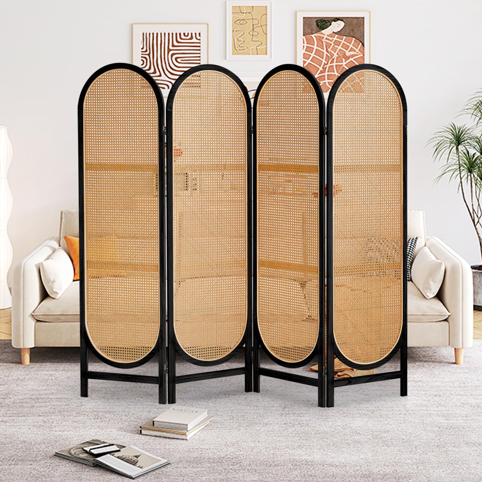 4 Panels Room Dividers and Folding Privacy Screens, Hand-Woven Rattan Room Divider Wall, Wood Room Divider Freestanding Room Partitions Screen for Home Office Bedroom, Black
