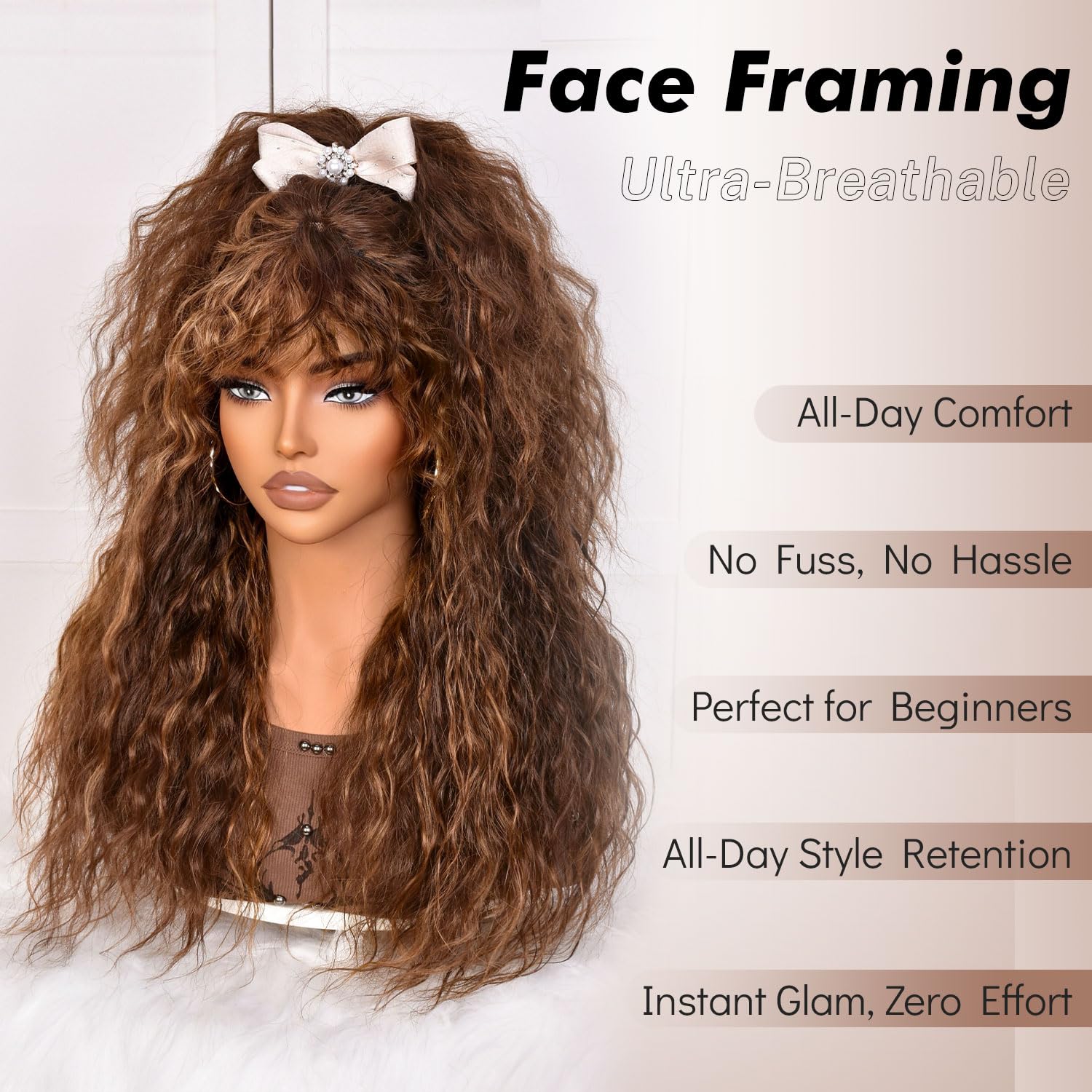 Lizzy 18Inch Curly Human Hair Wigs for Women with Bangs Bouncy Natural Curly Wig 180% Density Long Kinky Curly Hair for Daily Use (Highlight Mix Brown) - Image 3