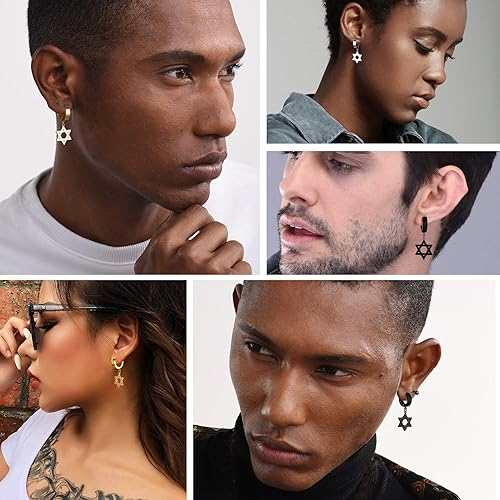 Miniatura 3 de Star of David Earrings for Men Women, Punk Jewelry, BlackGold Plated Stainless Steel, Hypoallergenic for Sensitive Ears, Come Gift Box