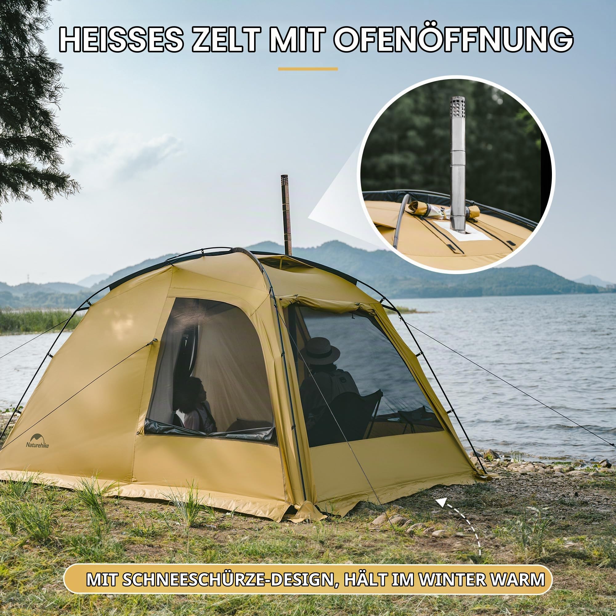 Naturehike Campingzelt 2-4 & 3-6 Personen Thermozelt Hot Tent mit Herdwagenheber PU3000mm UPF50+ mit Ofen 4 Jahreszeiten Familien Wasserdicht Vorzelt Pavillon für Rucksackreisen, Camping, Wandern