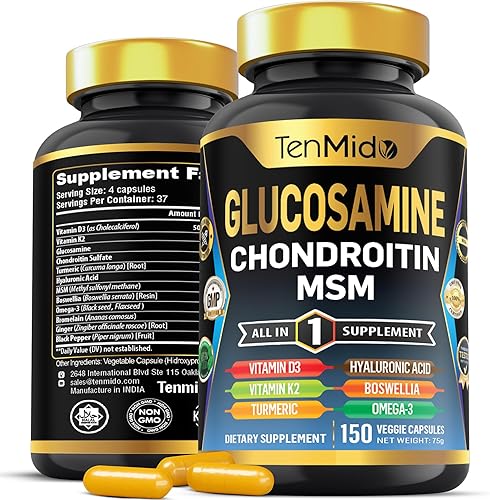 Suplemento MSM de glucosamina condroitina  Fórmula 12 en 1  Combina con cúrcuma, ácido hialurónico, boswellia, omega-3, bromelina, jengibre y más