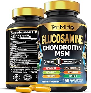 Glucosamine Chondroitin MSM Supplement - 12in1 Formula - Combine with Turmeric, Hyaluronic Acid, Boswellia, Omega-3, Bromelain, Ginger, and More - Joint Health Support - 150 Capsules