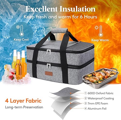 Miniatura 3 de Lifewit Cazuela aislada de dos pisos para alimentos calientes o fríos, cazuela con tapa y funda de transporte, soporte para lasaña para fiestas de