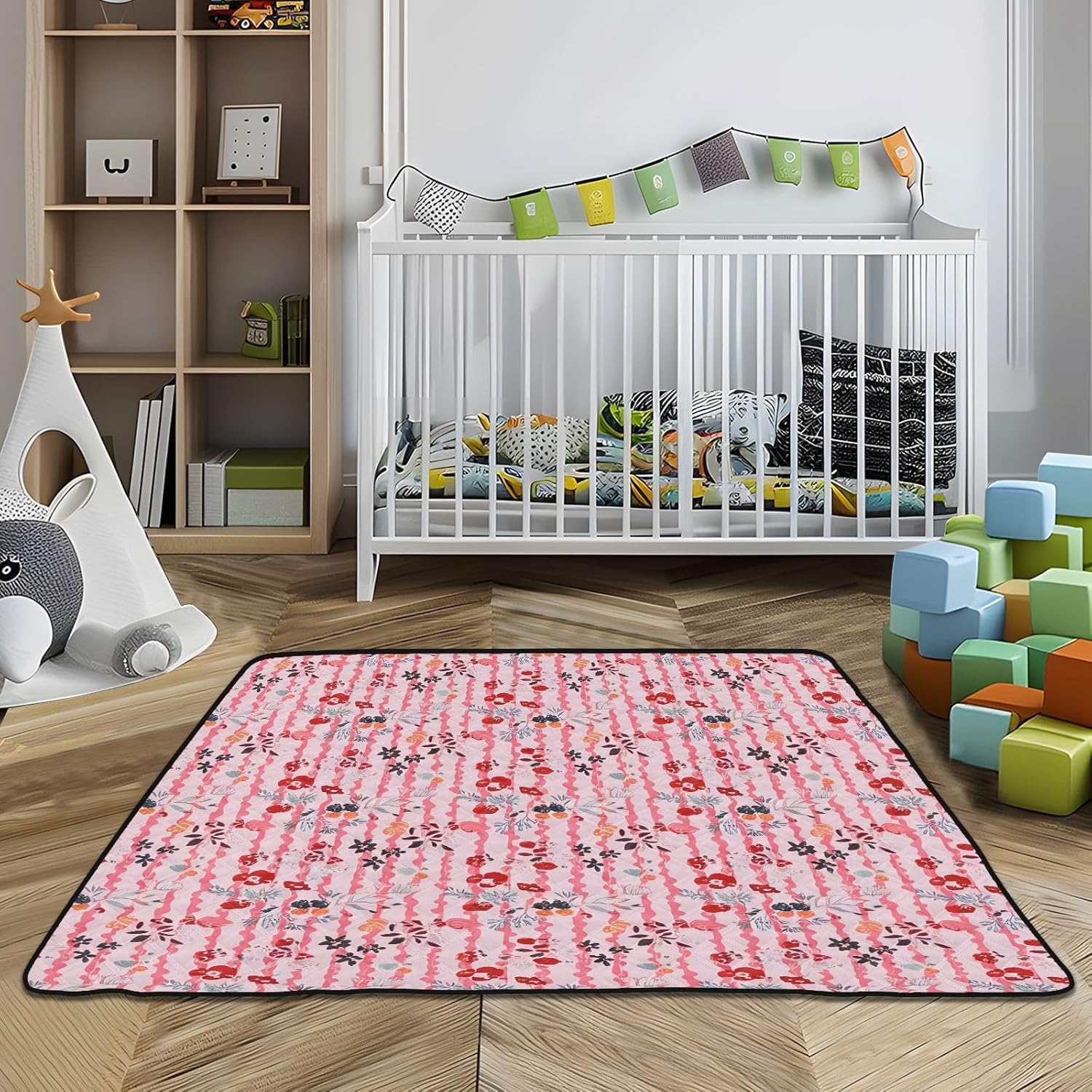 Pink Stripe Floral Pattern Baby Play Mat, 50“ X 50” Washable Folding Crawling Mat, Baby Floor Mat, Soft, Non-Slip