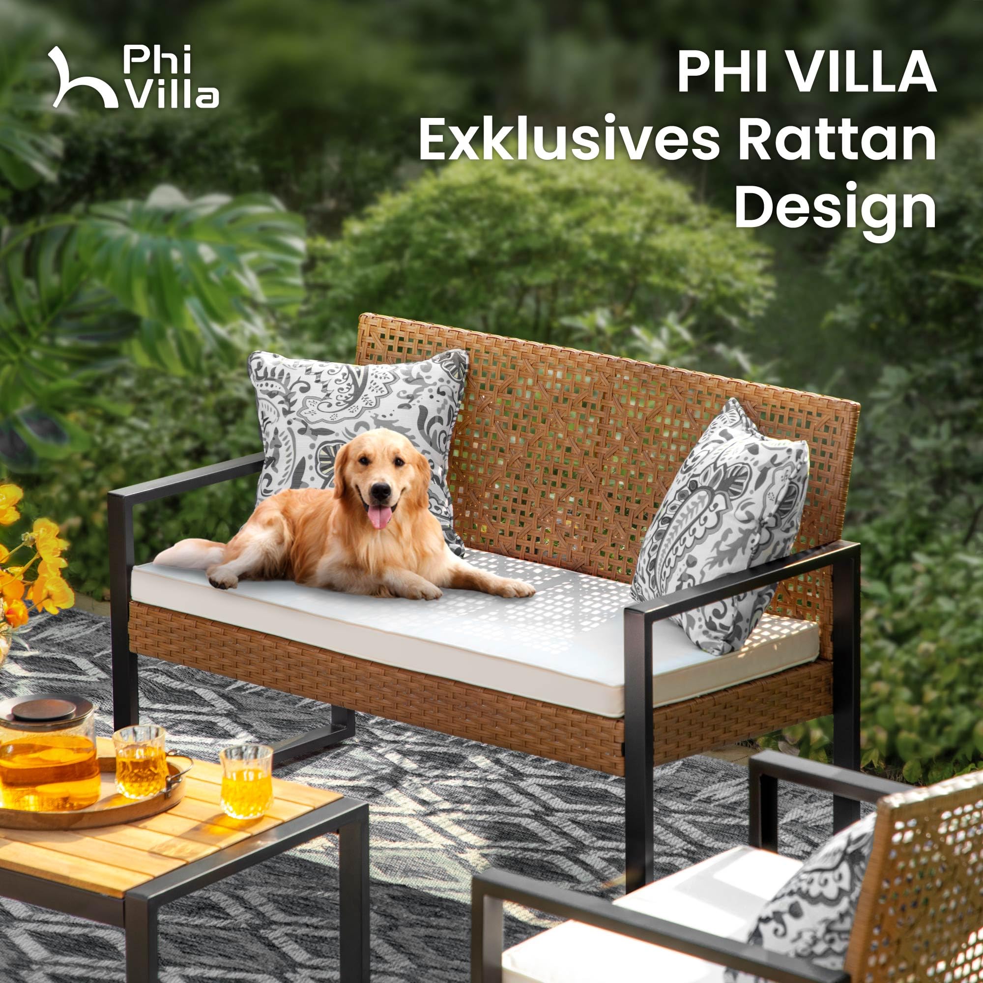 PHI VILLA Gartenmöbel Balkonmöbel Set mit 1 x 2-Sitzer Sofa, 2 x Sessel und 1 x Tisch, 4 Personen Outdoor Lounge Möbel Gartensofa. Wetterfest Rattan Balkon Lounge für Garten Terrasse, Beige & Braun