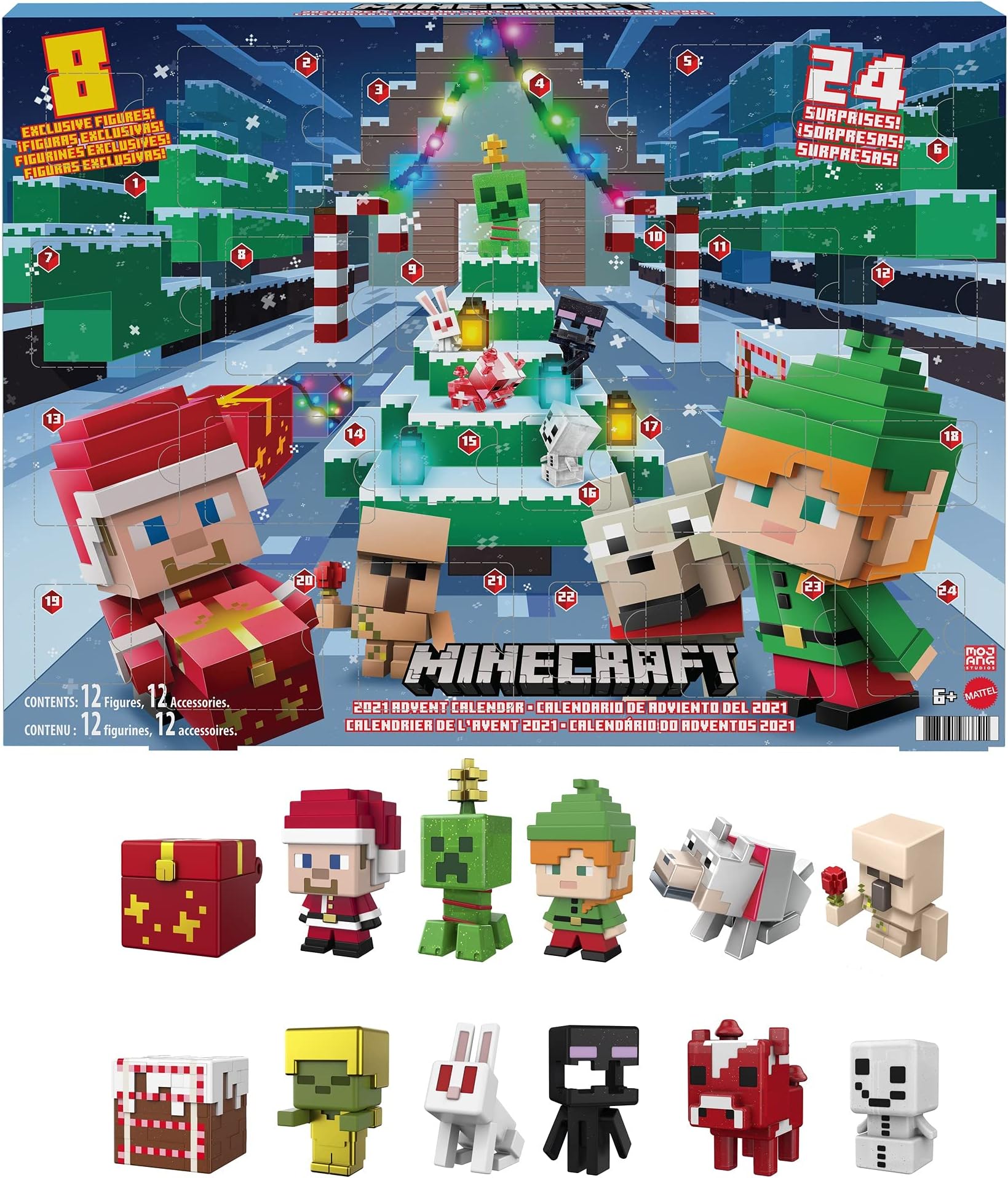 Mattel Minecraft Mini Figures 2021 Advent Calendar, One A Day Storytelling Fun with Minecraft Characters and Stickers, Holiday Activity Gift, for Kids Age 6 Years & Older