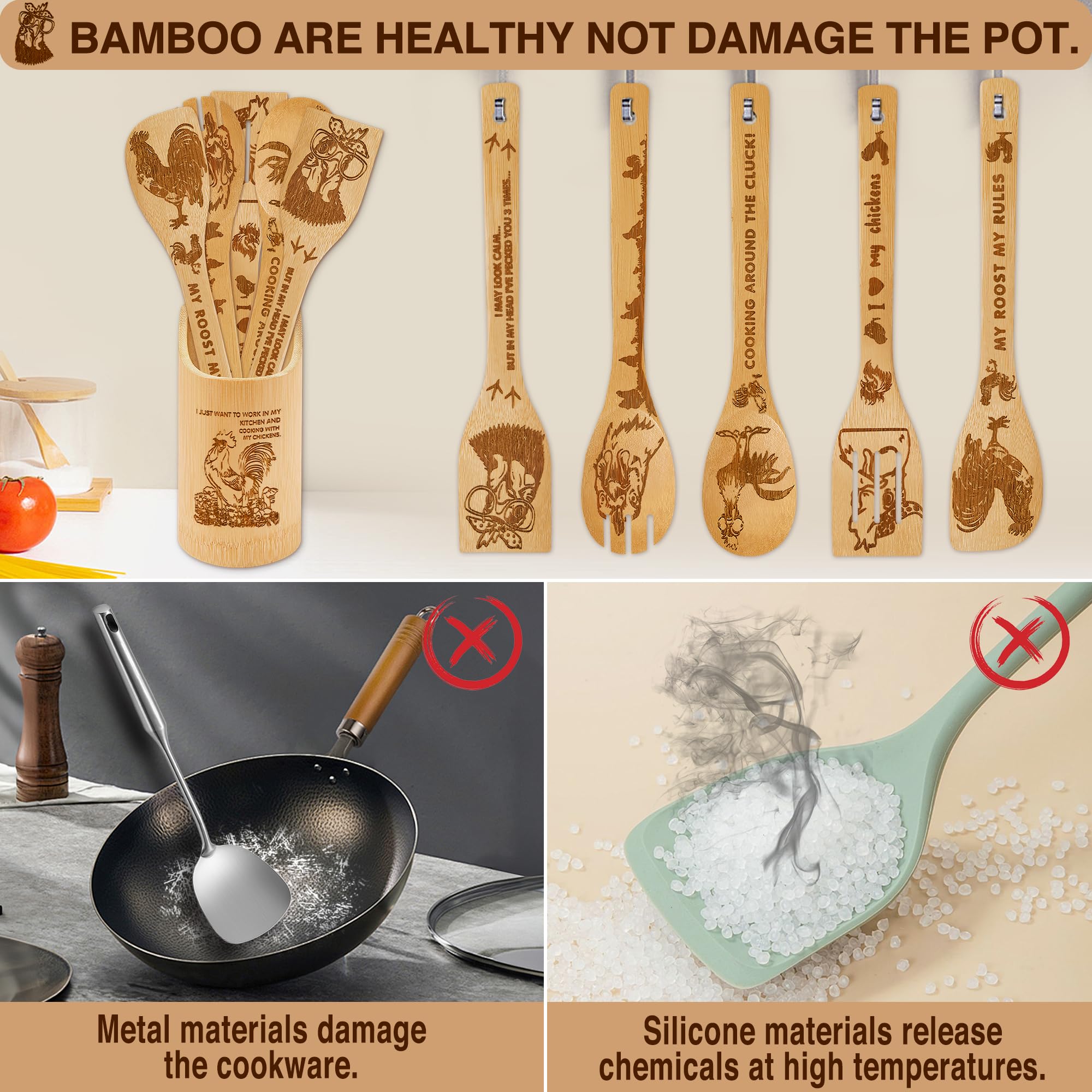 Juego de 6 cucharas de madera de bambú para cocinar (gallo)