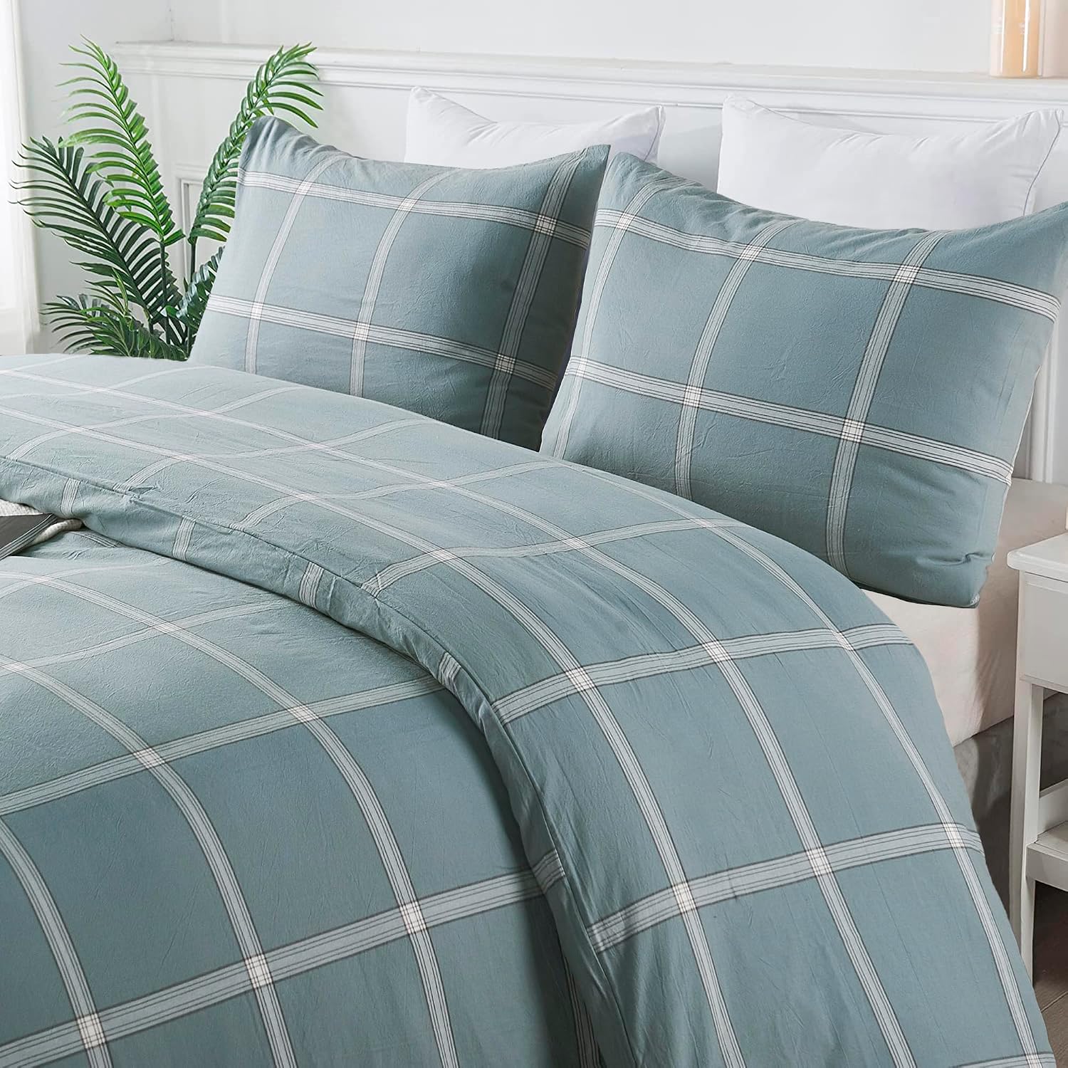 HESTIN Duvet Cover Set 3 Piece 100% Washed Cotton, Plaid Windowpane Check Checkered Textured Breathable Durable Soft Comfy Bedding Set, King, Light Blue