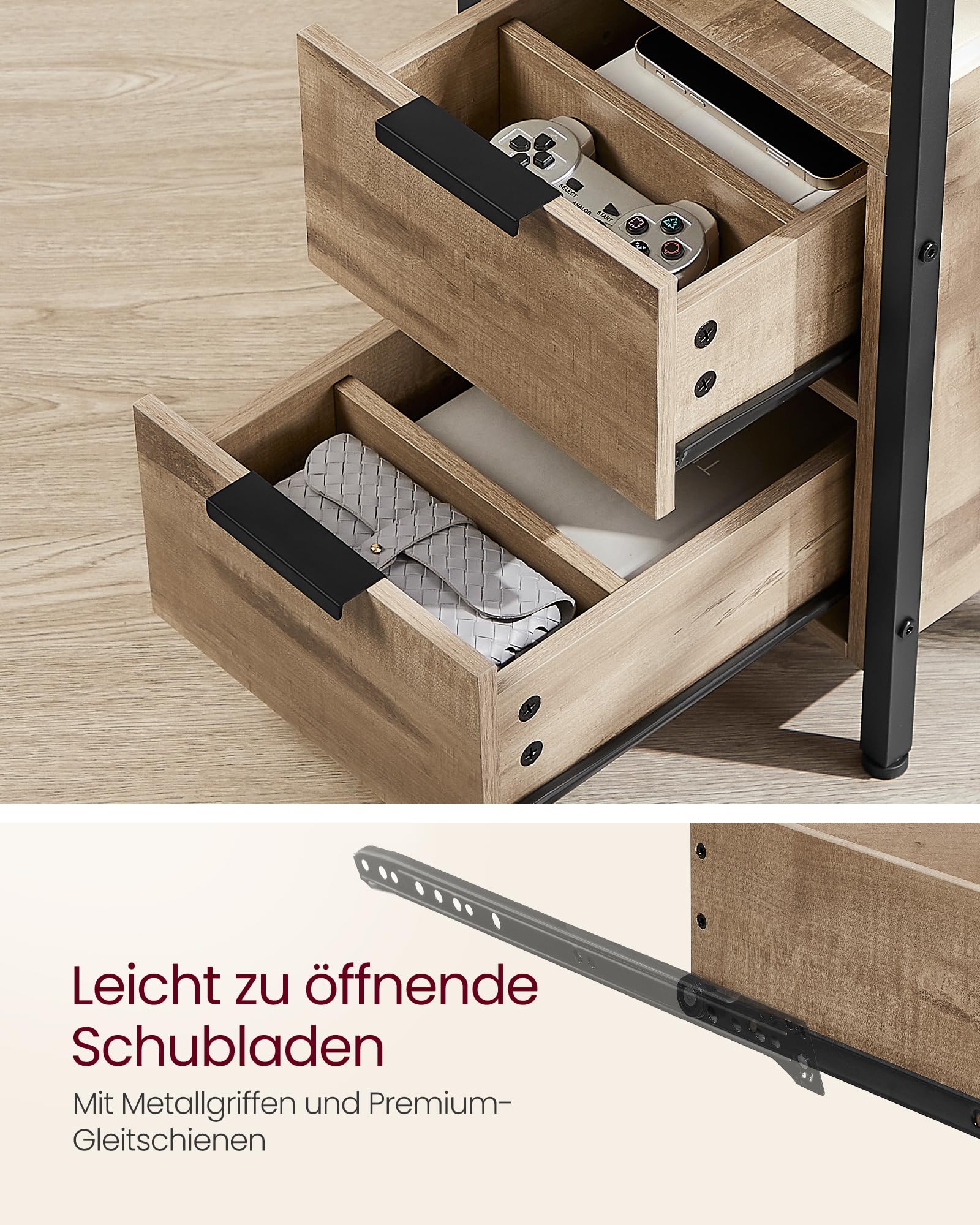 VASAGLE Beistelltisch, Nachttisch mit Steckdosenleiste, 2 Schubladen, Sofatisch, Nachtschrank für Wohnzimmer, Schlafzimmer, Kamelbraun-tintenschwarz LET325K01