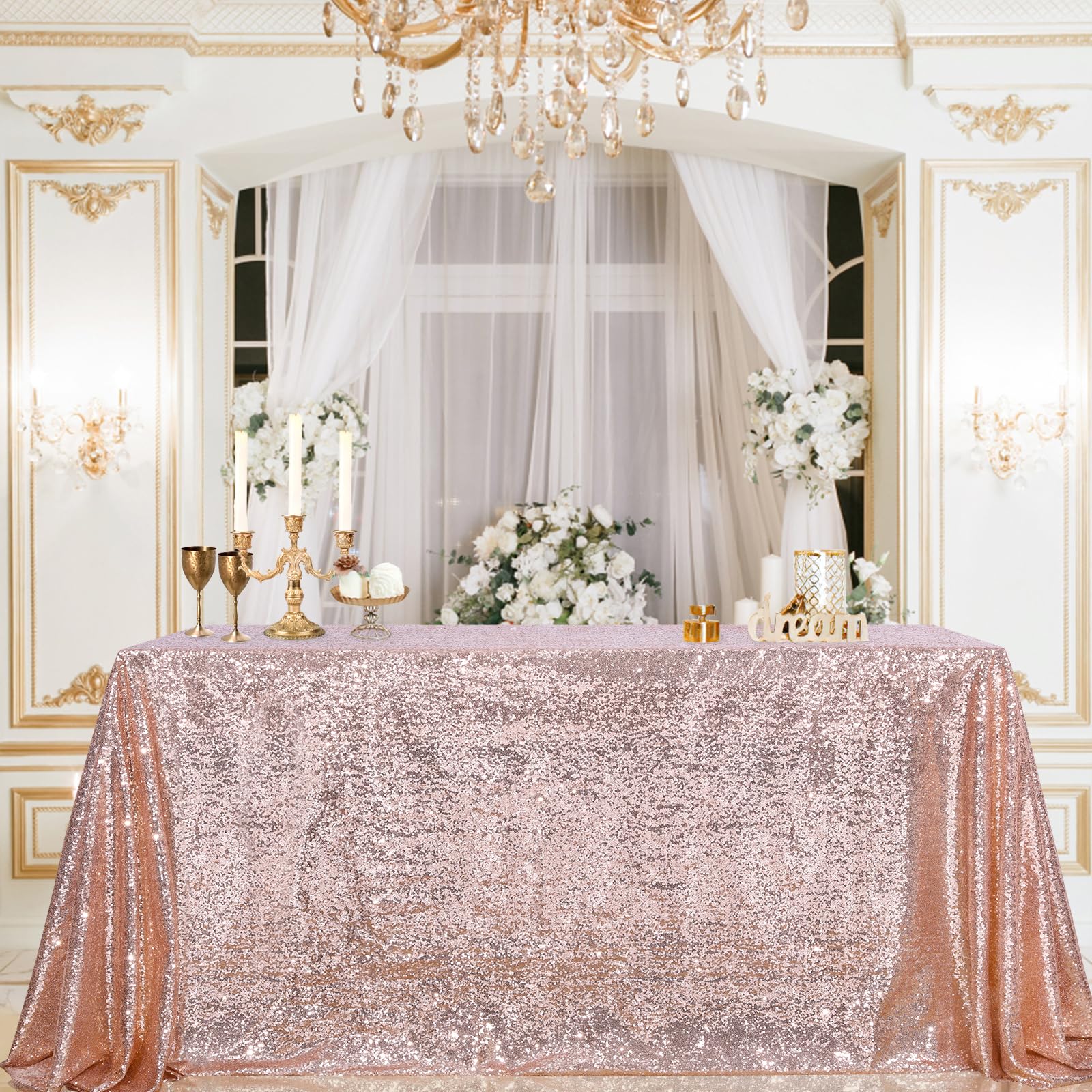 Sequin Tablecloth Rectangle Party Desk Decor 60x102 Inch Blush Pink Fabric