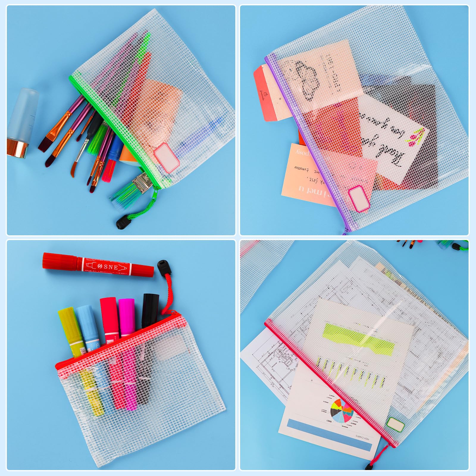 36 bolsas para documentos impermeables con pegatinas, bolsas de malla con cremallera, bolsa de plástico con cremallera para archivos, documentos, escuela, papel, cosméticos (multicolor, 8 tamaños)