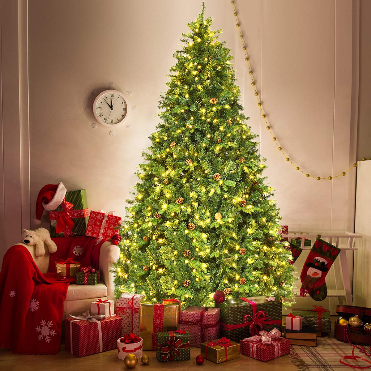 GOPLUS 210/225/240cm Künstlicher Weihnachtsbaum mit Beleuchtung, Tannenbaum künstlich mit Tannenzapfen, Christbaum für Zuhause, Büro, Wohnzimmer (240 cm)