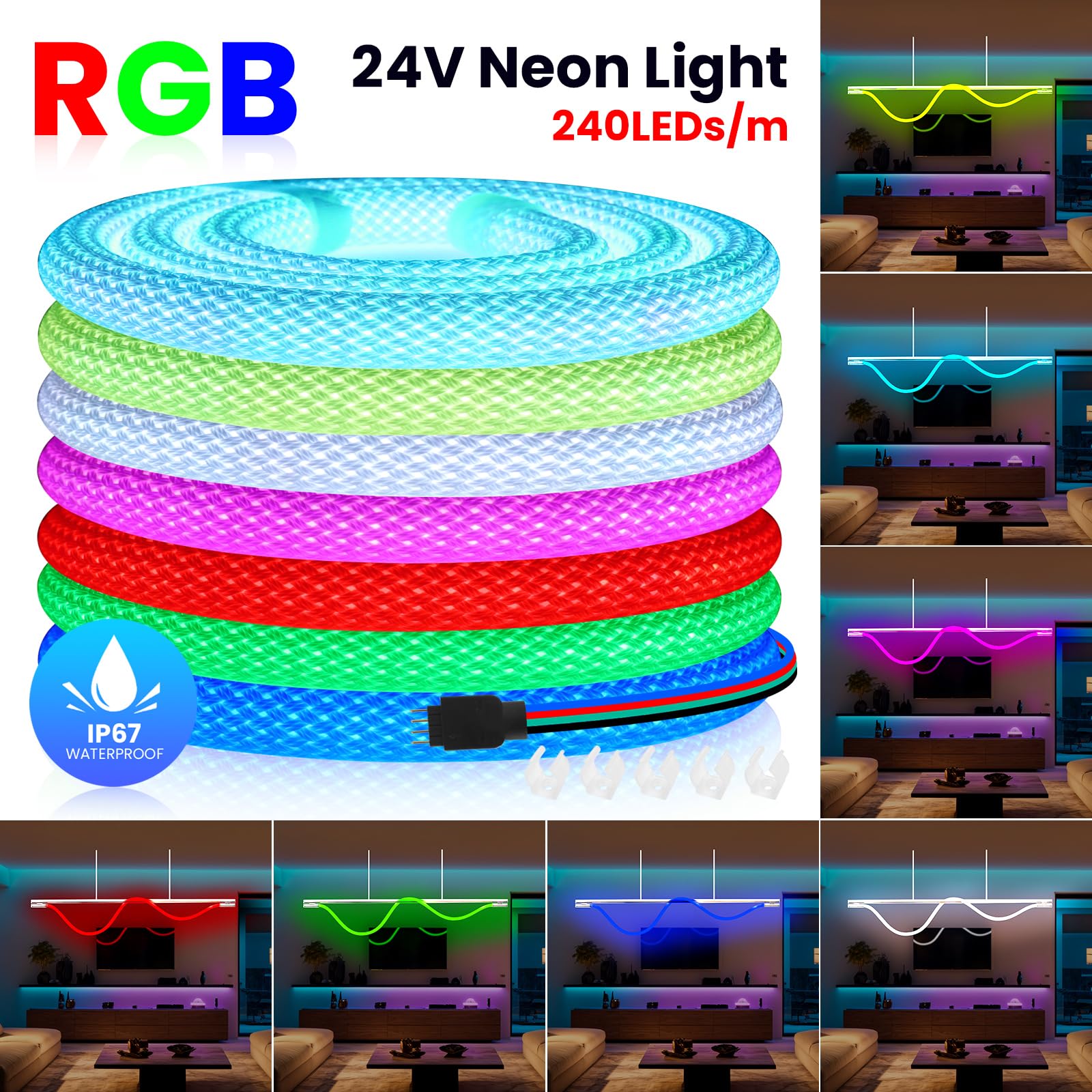 Tira de LED neón RGB 24V CRI85+ [9M], SMD3535, 240 LEDs/m, iluminación 360°, para dormitorio, sala de juegos, sala de estar y decoración de tiendas - Sin fuente de alimentación