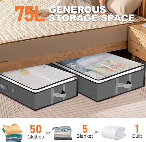 Miniatura 5 de Paquete de 4 recipientes de almacenamiento debajo de la cama con ventana y asas, paquete de 5 bolsas de almacenamiento al vacío para ropa,