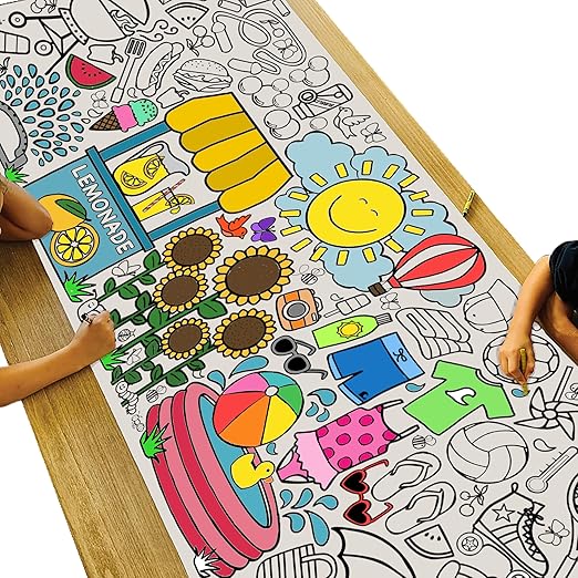 Tiny Expressions Giant Summer Coloring Poster for Kids - Rolled, No Creases 30" x 72" Large Coloring Tablecloth to Color On - Fun Summer Day Activities for Kids