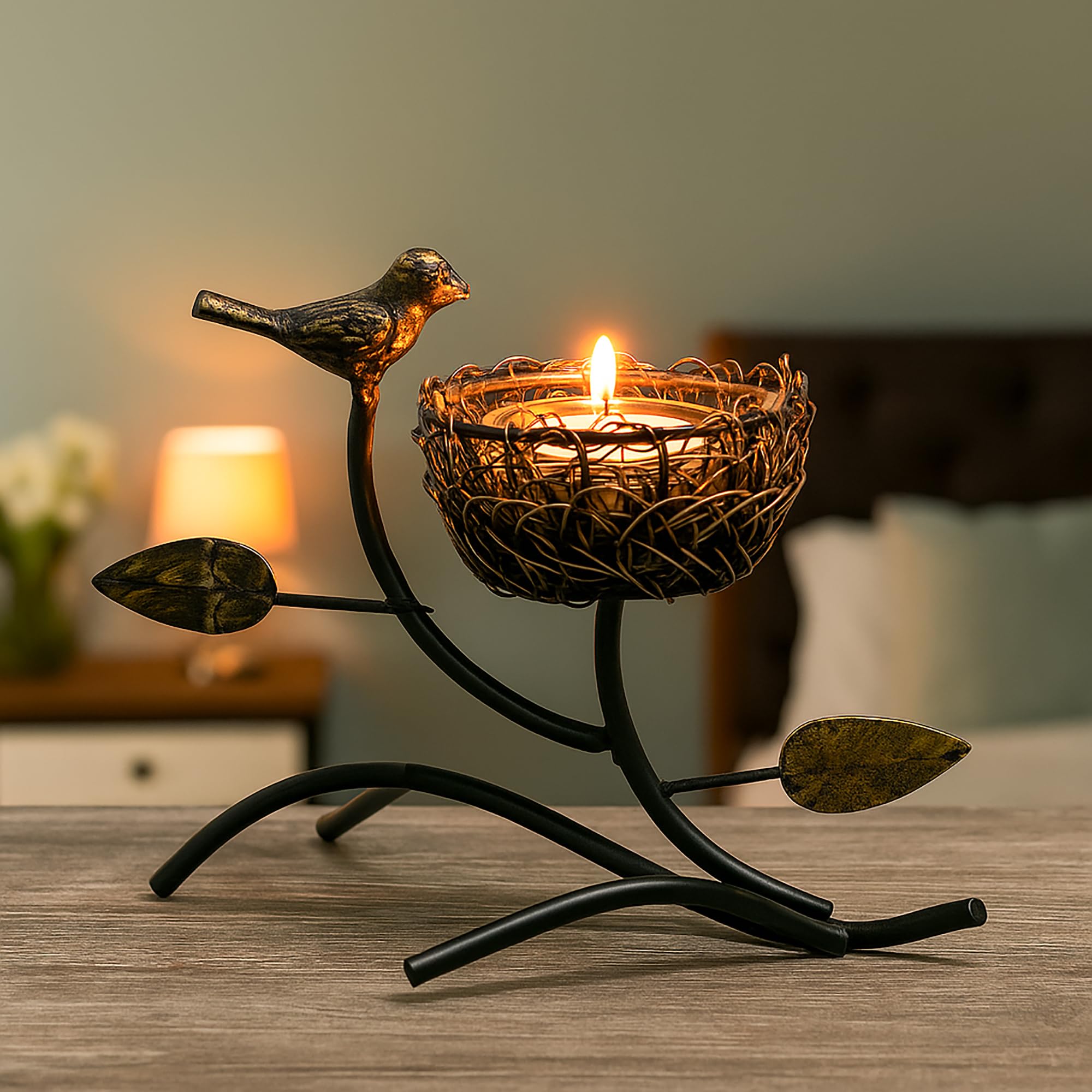 Decorcity Decorative Bird Nest Metal Tealight Holder Vintage Black Iron Candle Stand for Home Décor Wedding Dining Table Romantic Candle Light (Pack of 1)-image-44