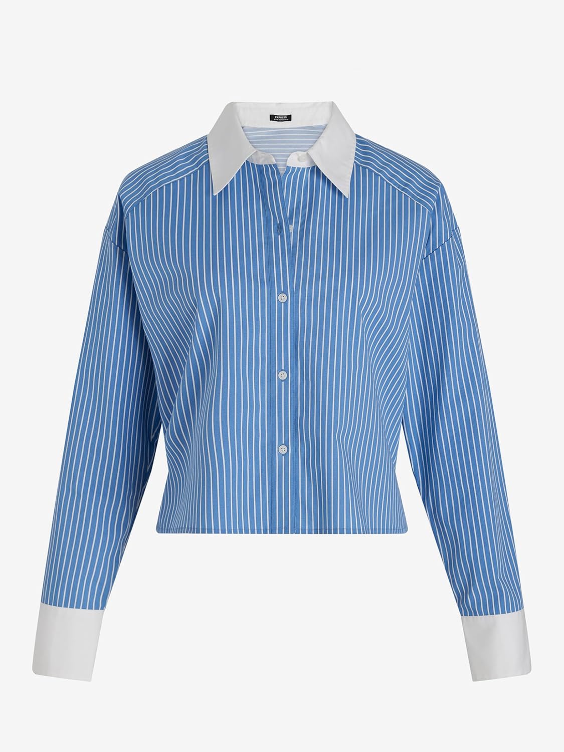 EXPRESS Women’s Cropped Portofino Shirt – Boyfriend Fit Long Sleeve Button-Up with Trendy Midriff Length – Stripe - Image 5