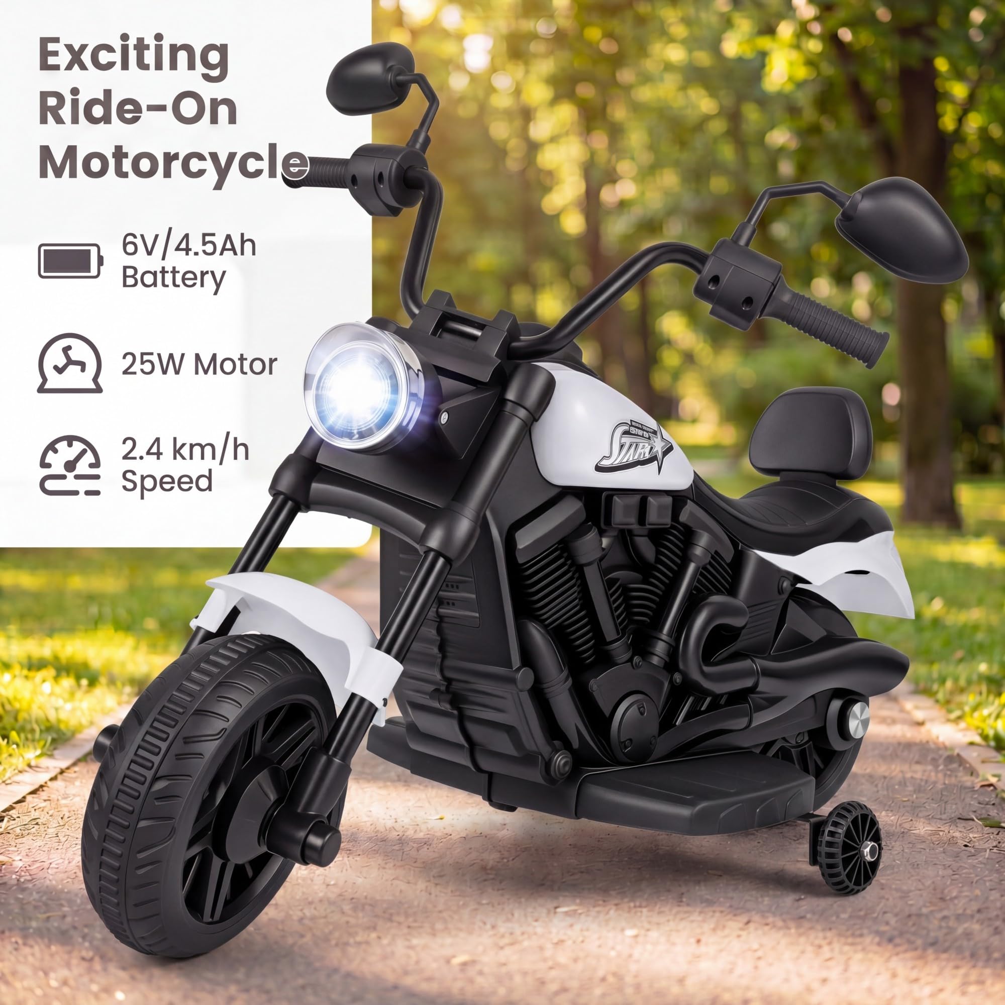 KOMFOTTEU Moto Eléctrica para Niños, Moto de Batería de 6 V con Faro, Música, 2 Ruedas de Entrenamiento y Pedal, Motocicleta Eléctrica con Arranque con un Botón para Niños de 3+ Años (Blanco)