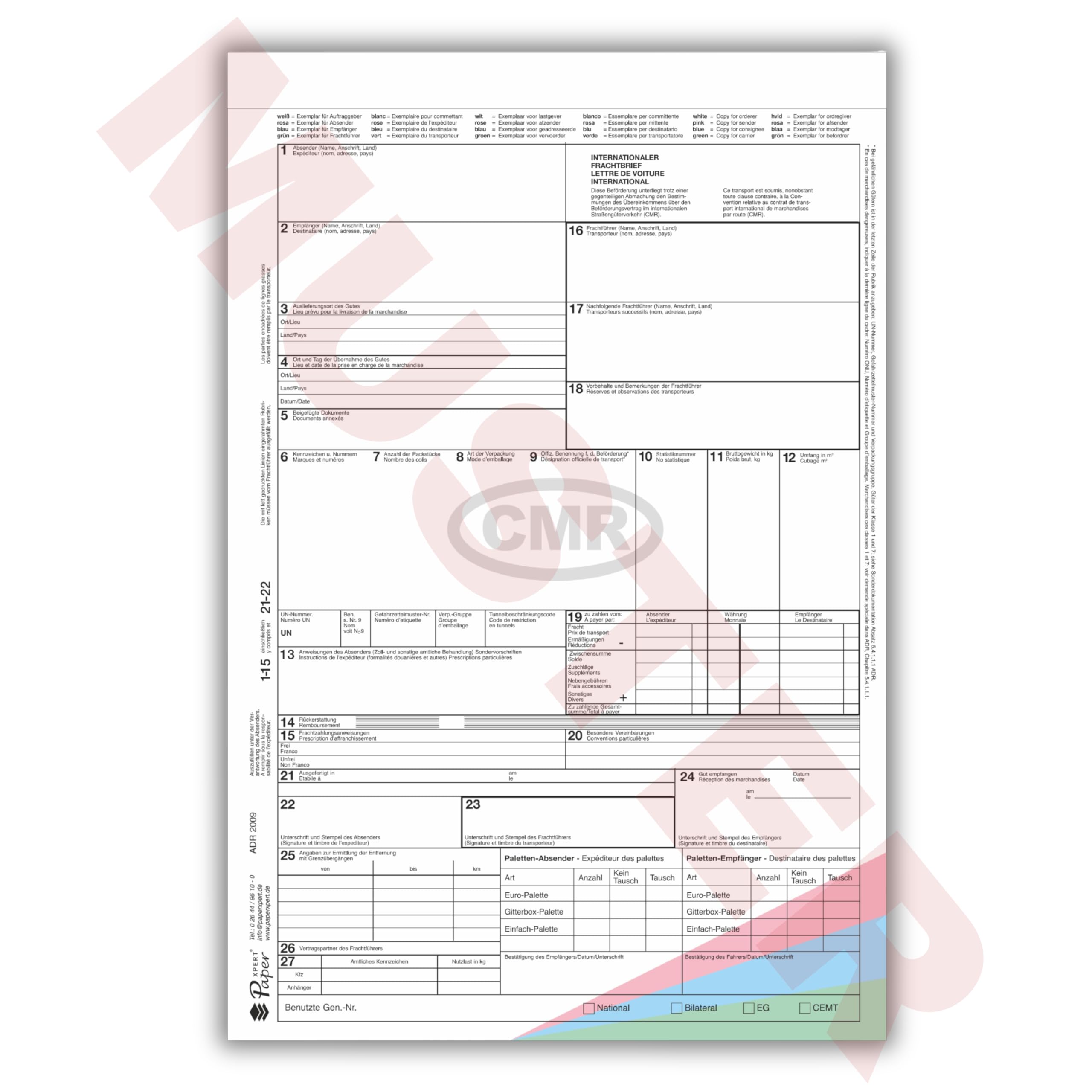 CMR Lot de 100 lettres de fret autocopiantes 4 compartiments Transport international ADR